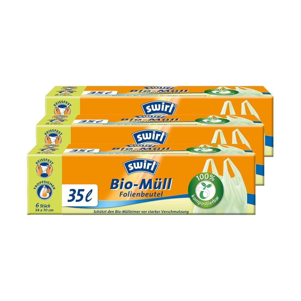 35l Folien-Beutel Bio-Müll Pack mit Swirl Müllbeutel Swirl Tragegriff 6stk./Rolle (3er