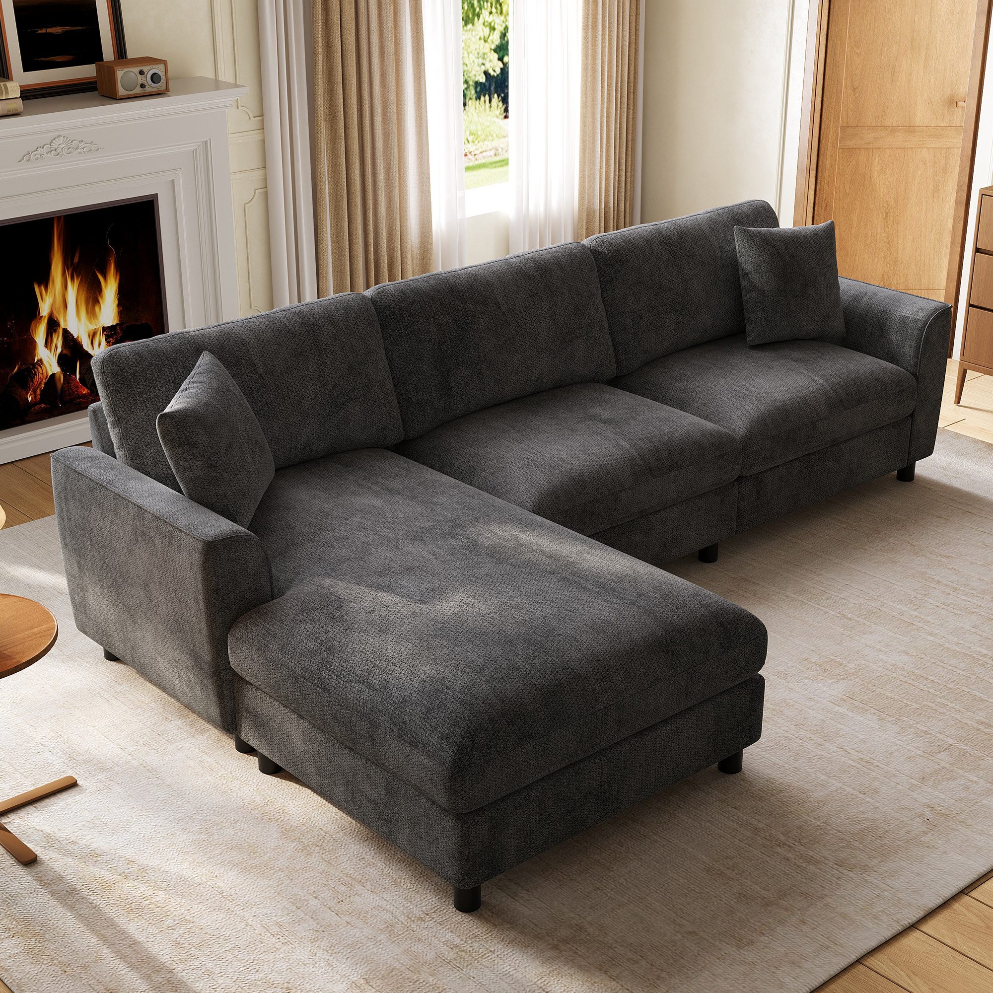 Flieks Ecksofa L-Form 3-Sitzer Schlafsofa, Chaiselongue links/rechts wechselbar, 256×137×79 cm, modularer Eckcouch Wolkenform mit Liegefläche Chenille Grau