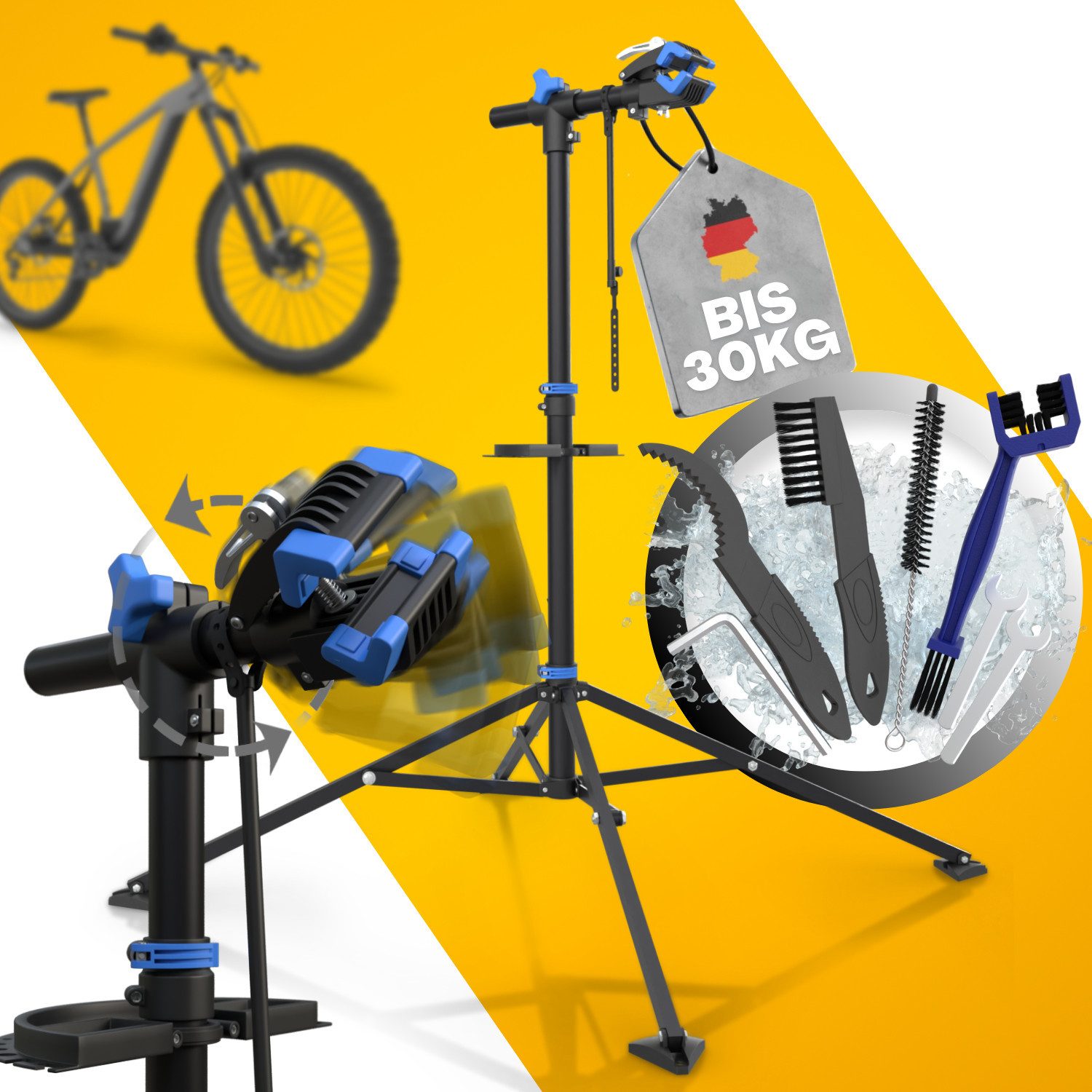 Tarpofix® Fahrrad-Montageständer Fahrrad Montageständer 30 kg klappbar Reparaturständer, Blau: Fahrrad Reparaturständer blau mit 360° Klemmkopf