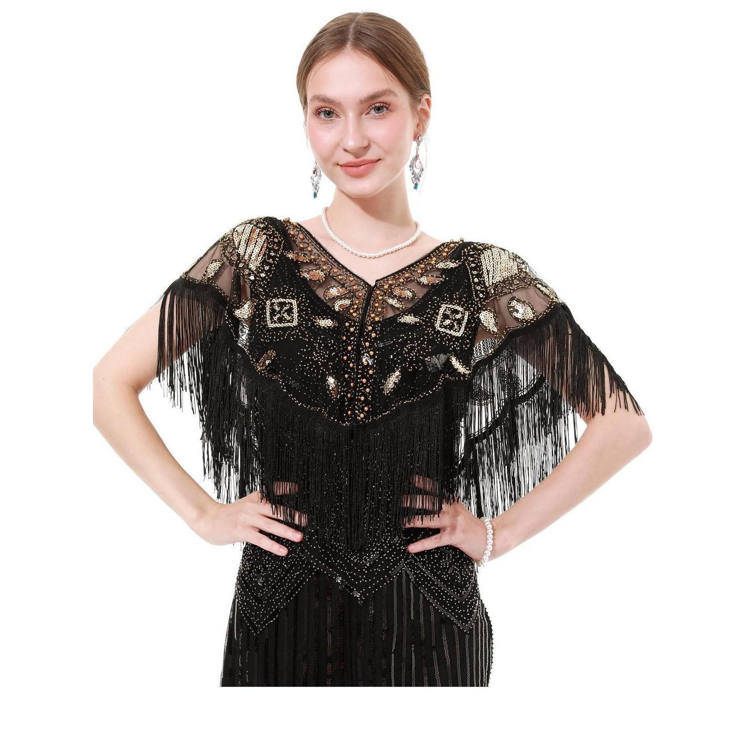 LuxusKollektion Fransentuch Schal Damen Pailletten Fransen Gold, (1-St)
