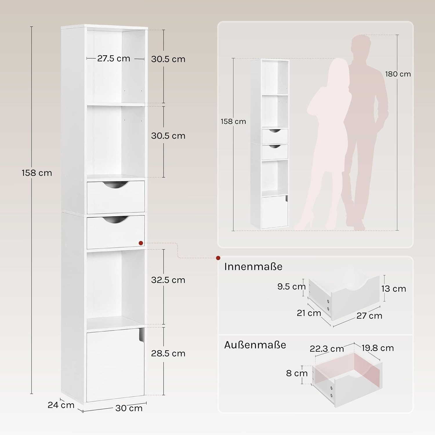 Woltu Bücherregal, 1-tlg., mit Schubladen, Regal mit Tür, 30x158x24 cm