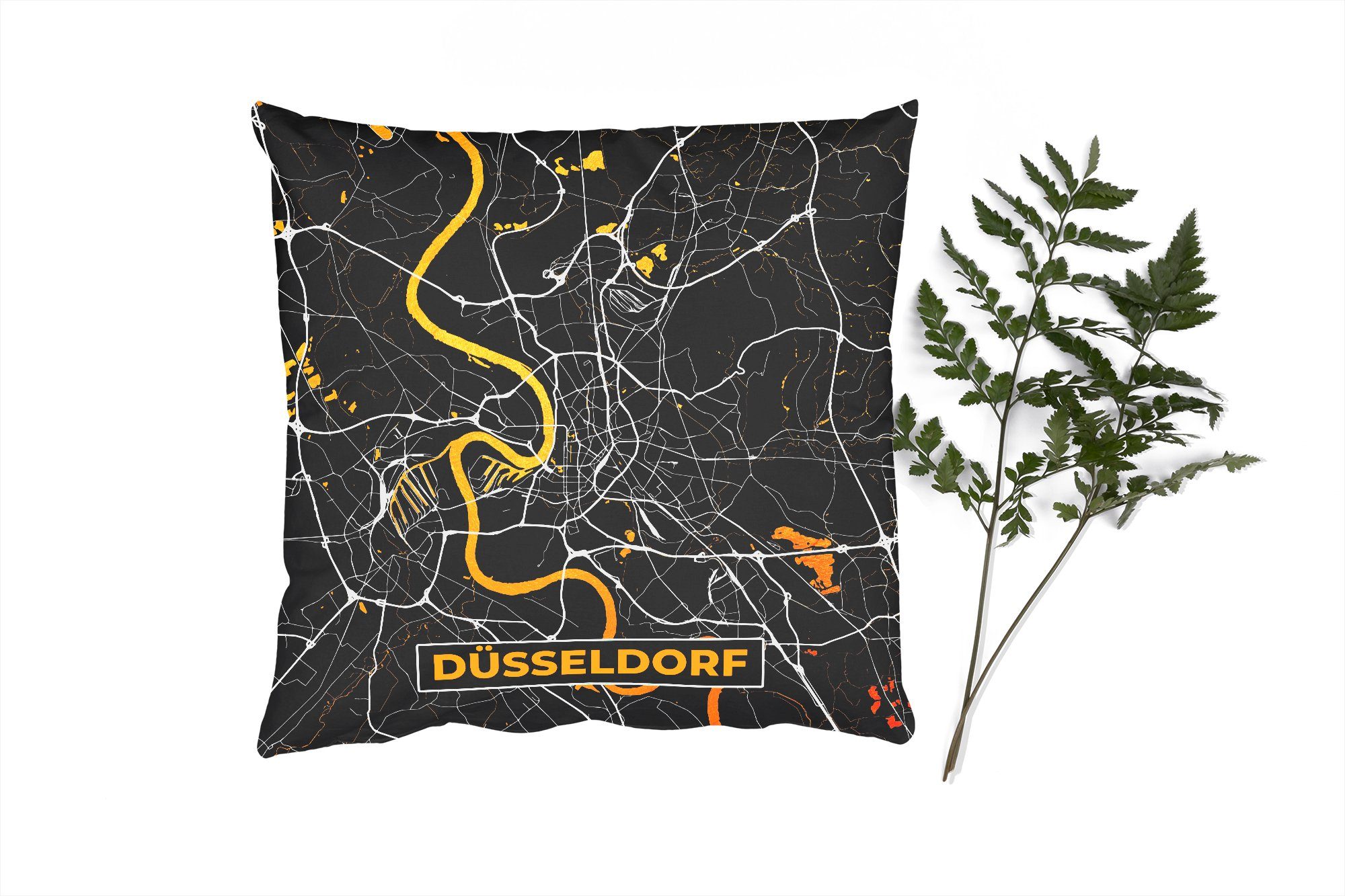 MuchoWow Dekokissen Düsseldorf - Gold - Stadtplan - Karte - Deutschland, Zierkissen mit Füllung für Wohzimmer, Schlafzimmer, Deko, Sofakissen