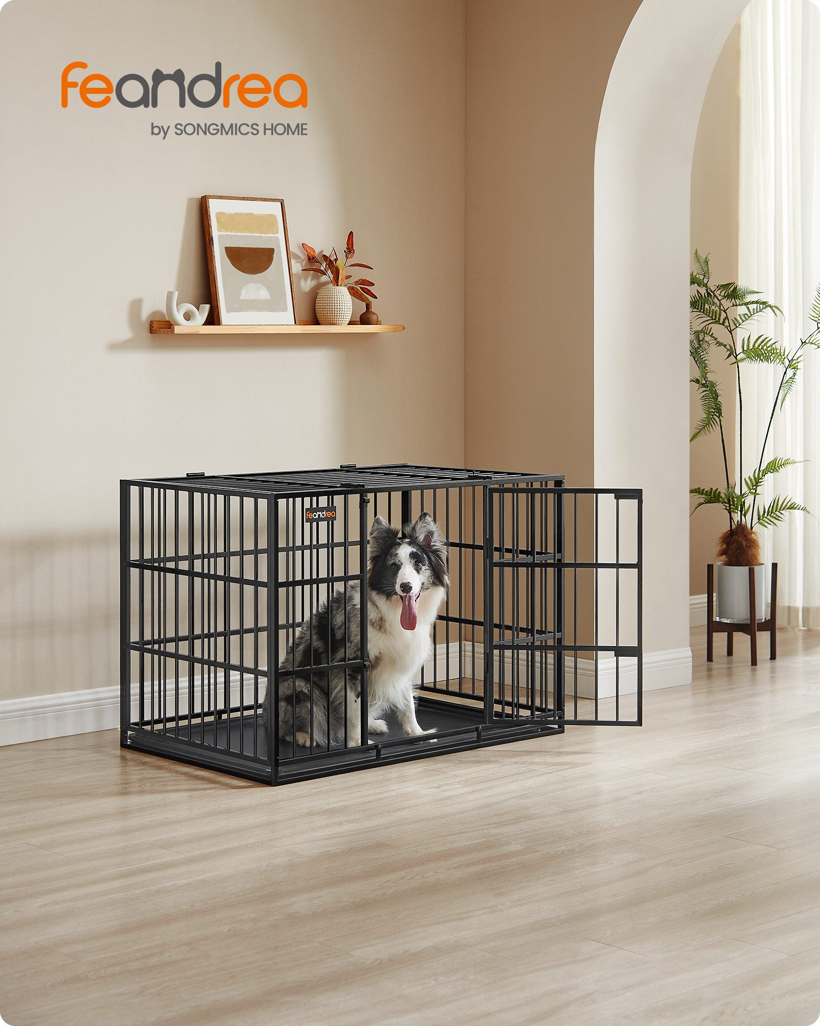 FEANDREA Tiertransportbox Hundekäfig hochbelastbar, Hundebox, mit herausnehmbarer Bodenschale, für mittelgroße und große Hunde, Haustierkäfig, 107 x 70 x 75 cm