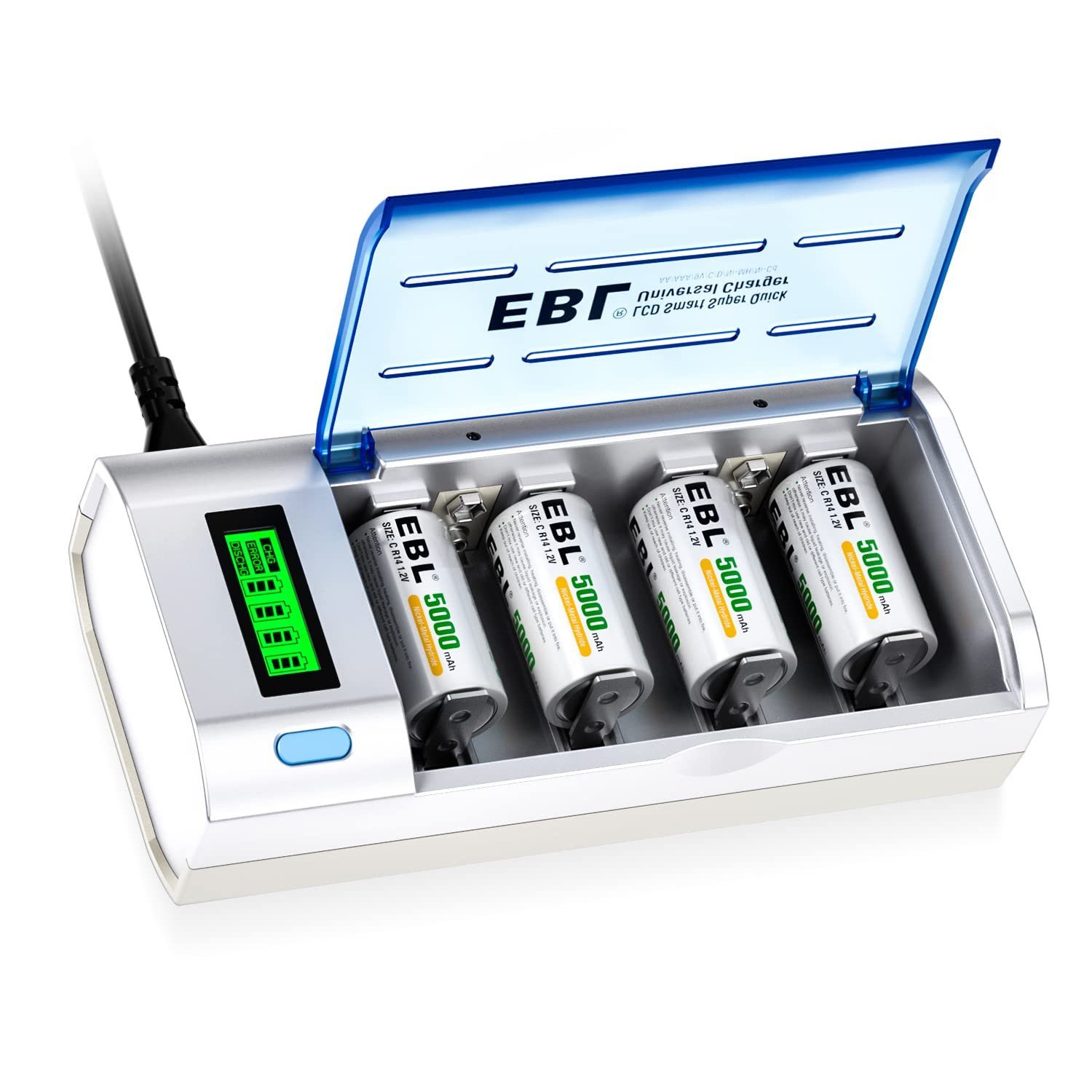 Akku Ladegerät, Batterie Ladegerät mit 4 C-Batterien 5000mAh Batterie-Ladegerät