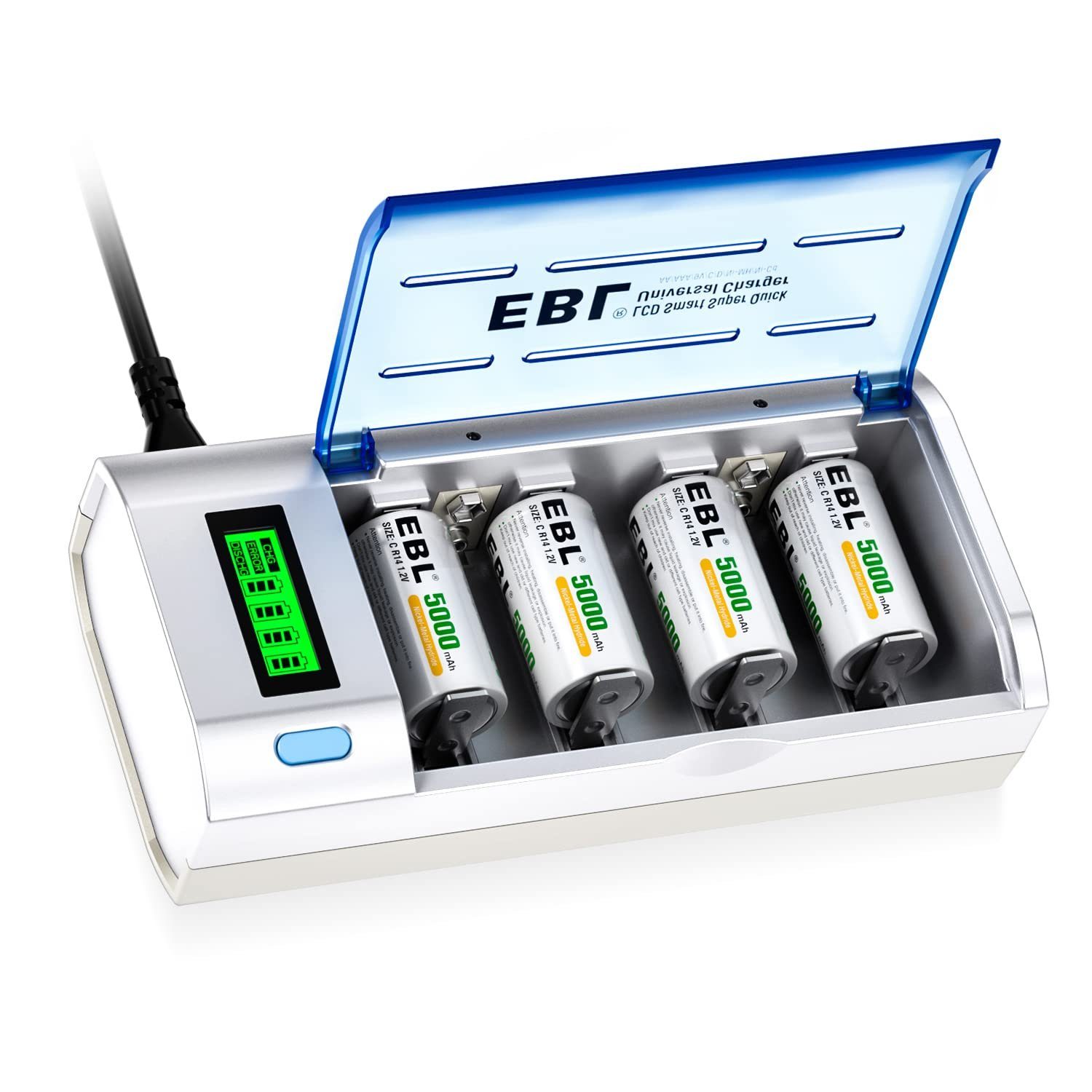 EBL Akku Ladegerät, Batterie Ladegerät mit 4 C-Batterien 5000mAh Batterie- Ladegerät (für AA/AAA/C/D/9V NI-MH Batterie-Ladegerät)