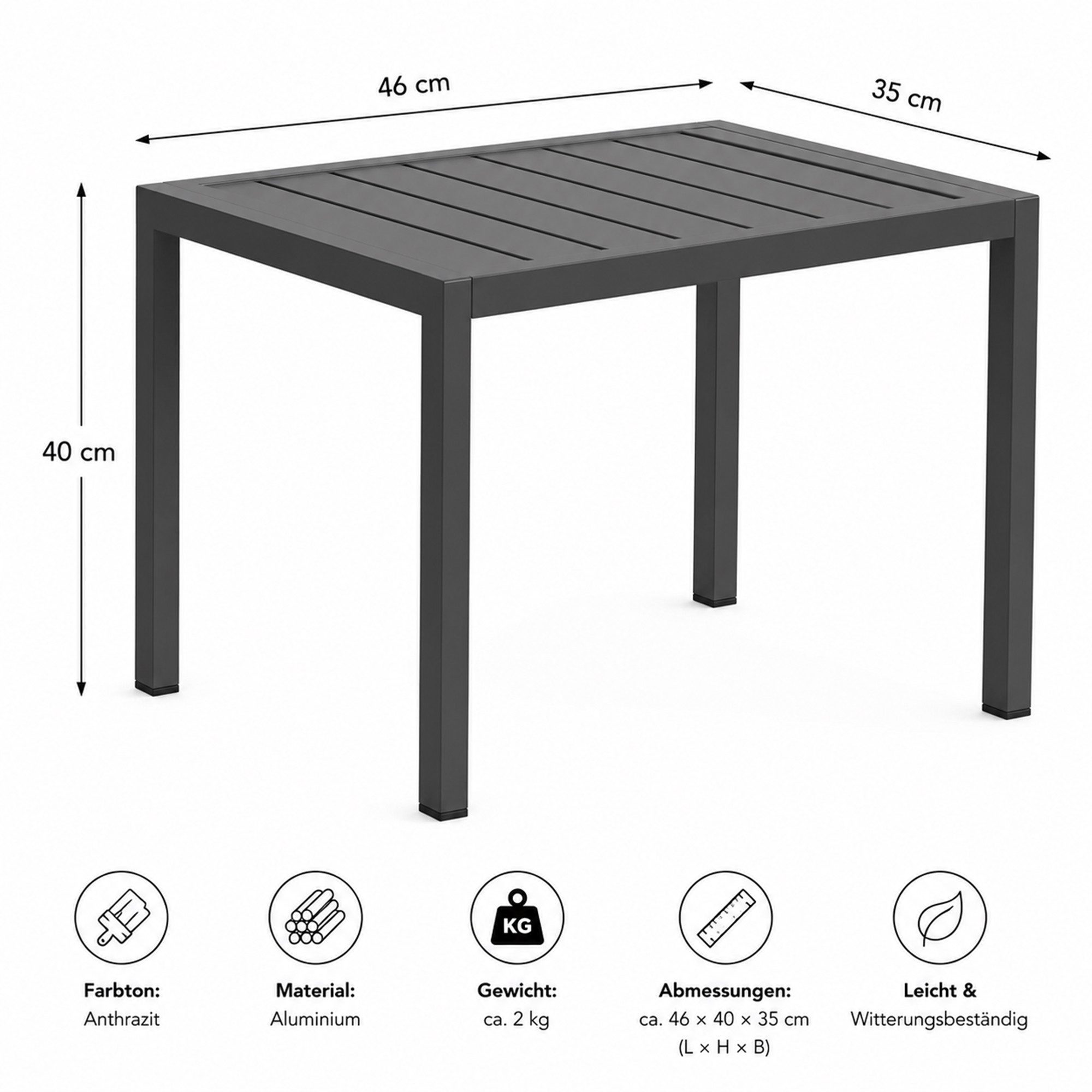 Mucola Gartentisch Outdoor Beistelltisch 46x35cm Aluminium Terrassentisch rechteckig (Stück, 1-St., 1 Tisch), hitze- und wetterbeständig