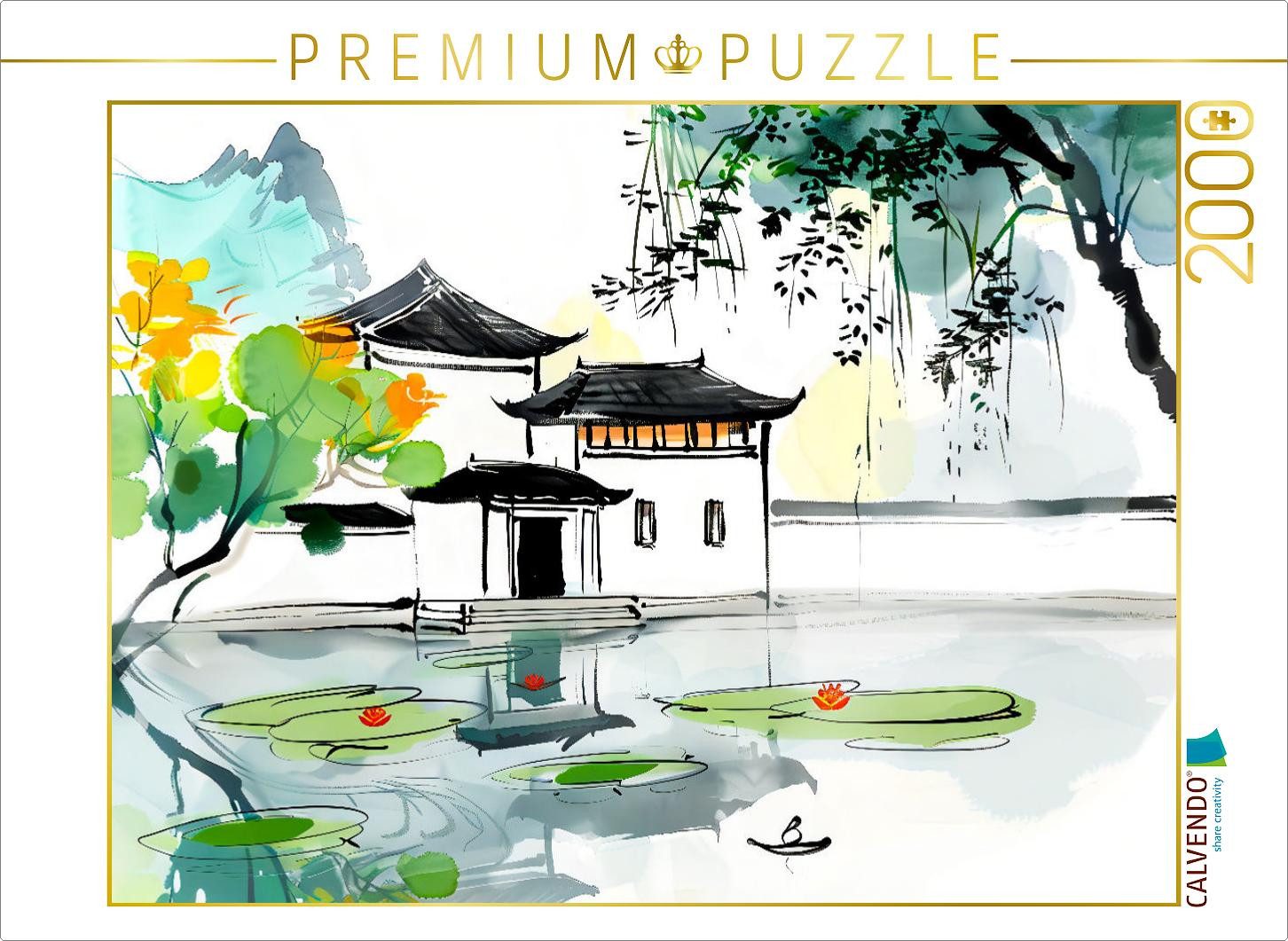 CALVENDO Puzzle CALVENDO Puzzle Chinesische Tempelanlage am Seerosenteich. Tuschemaler, 2000 Puzzleteile