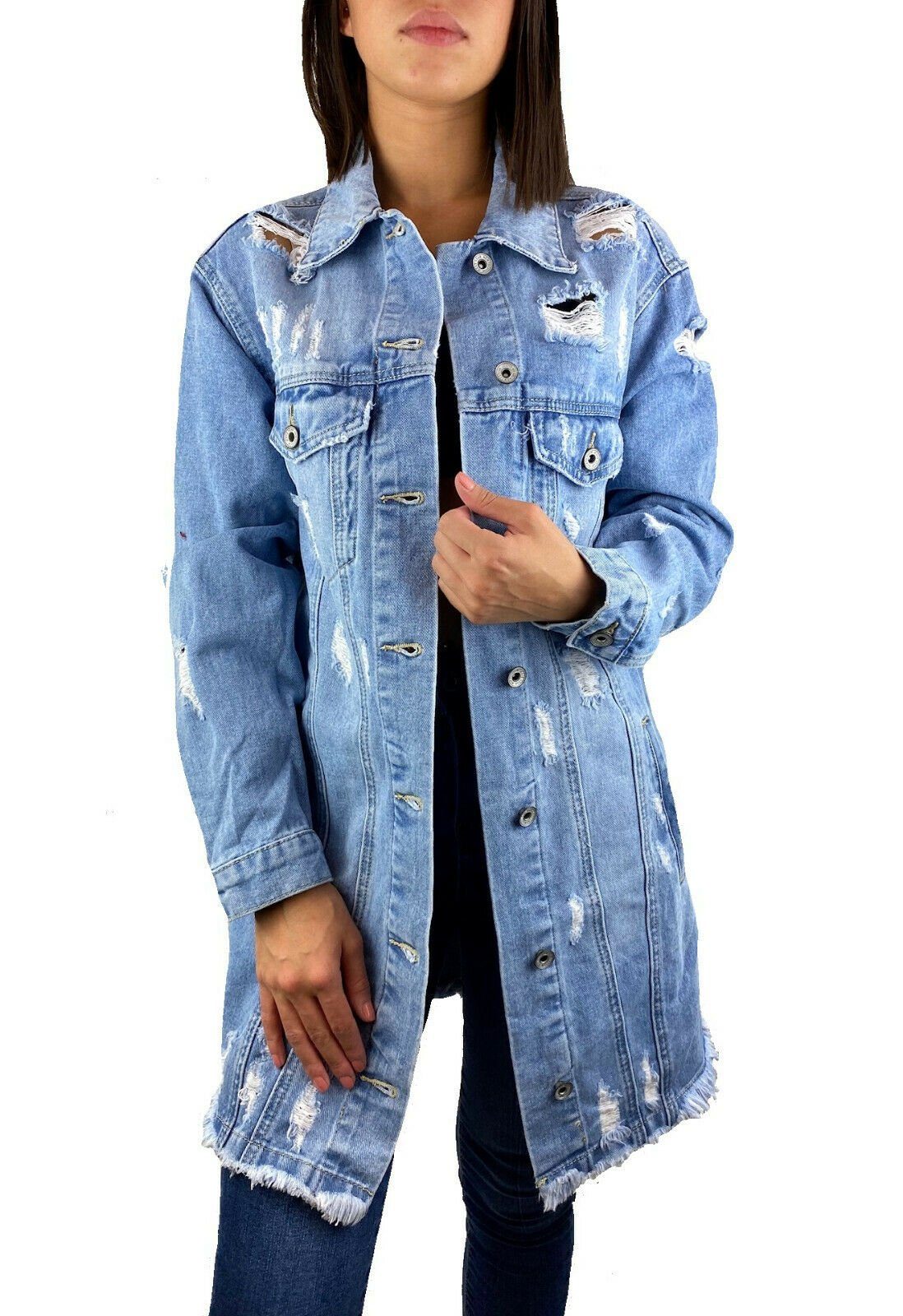 Worldclassca Jeansjacke Worldclassca Damen Jeansjacke Oversized MIT Rissen Jeans Denim Jacket Vintage LANG Used WASH ÜBERGANGSJACKE Blogger DENIMWEAR Parka BLAU Denim Destroyed Mantel Cut Out XS-XL NEU