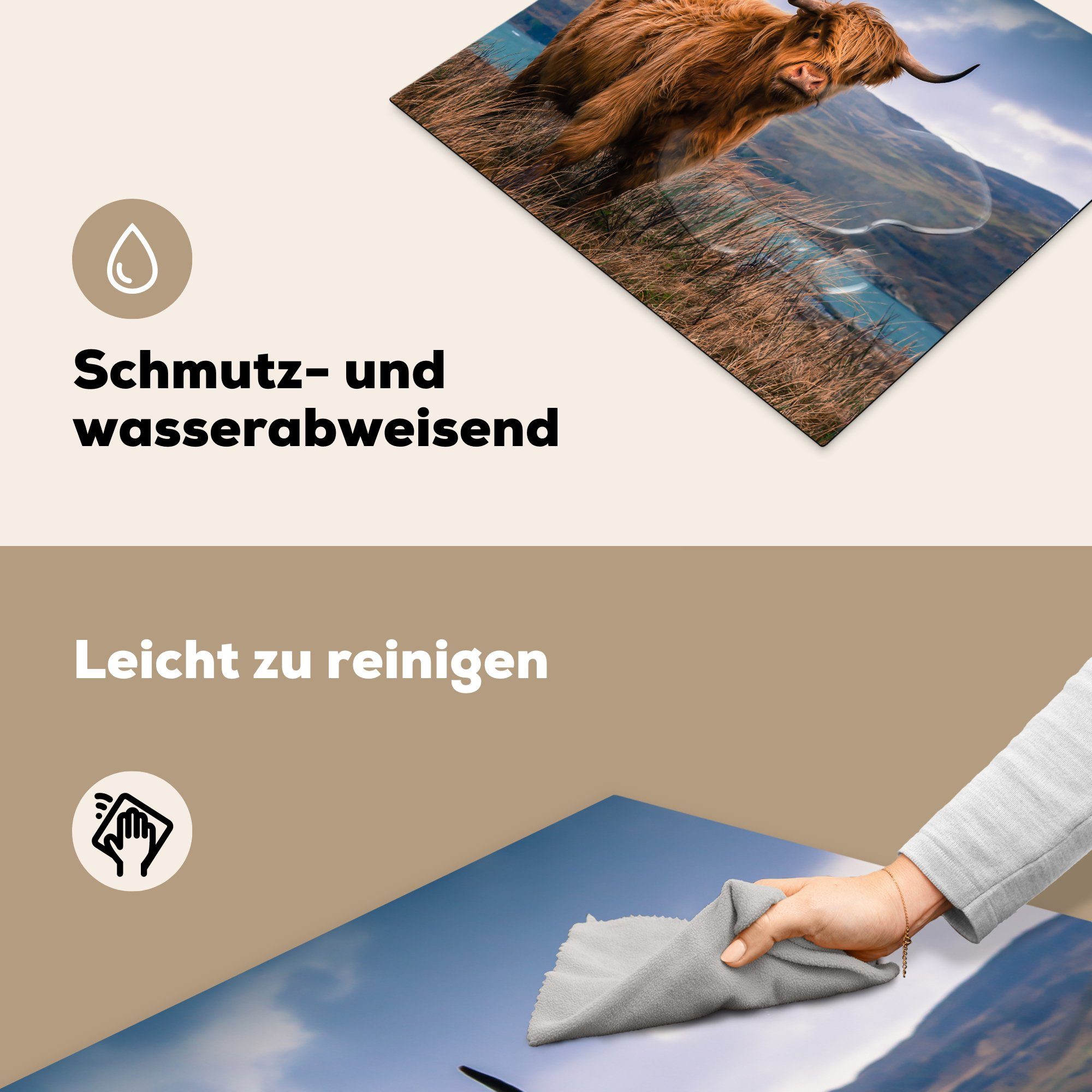 MuchoWow Herdblende-/Abdeckplatte Schottische Highlander die für cm, tlg), Himmel - - Vinyl, (1 küche, Natur, Ceranfeldabdeckung Induktionsmatte 59x52