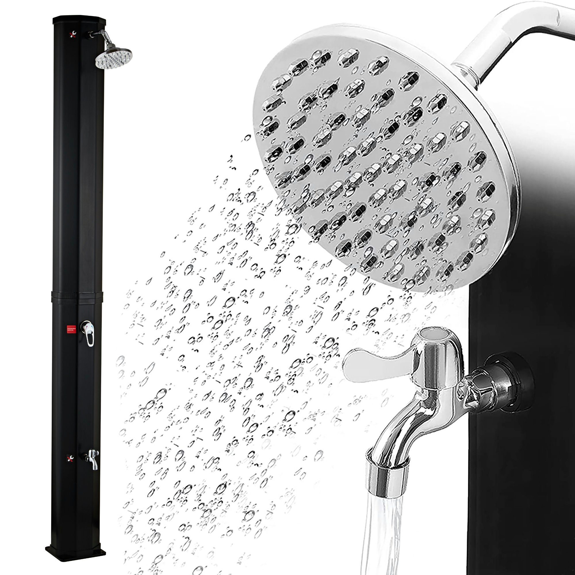 Solardusche Taree, 60 Liter, Schwarz, Mit Wasserhahn und Fußdusche bis max. 60°C