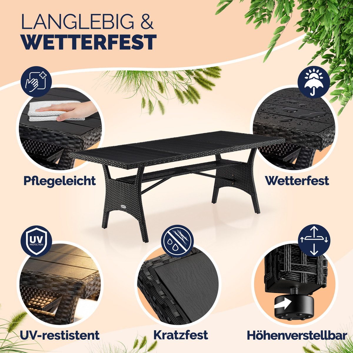 Casaria Gartentisch (1-St), Polyrattan 190x90x74cm mit Ablage WPC-Tischplatte Höhenverstellbar