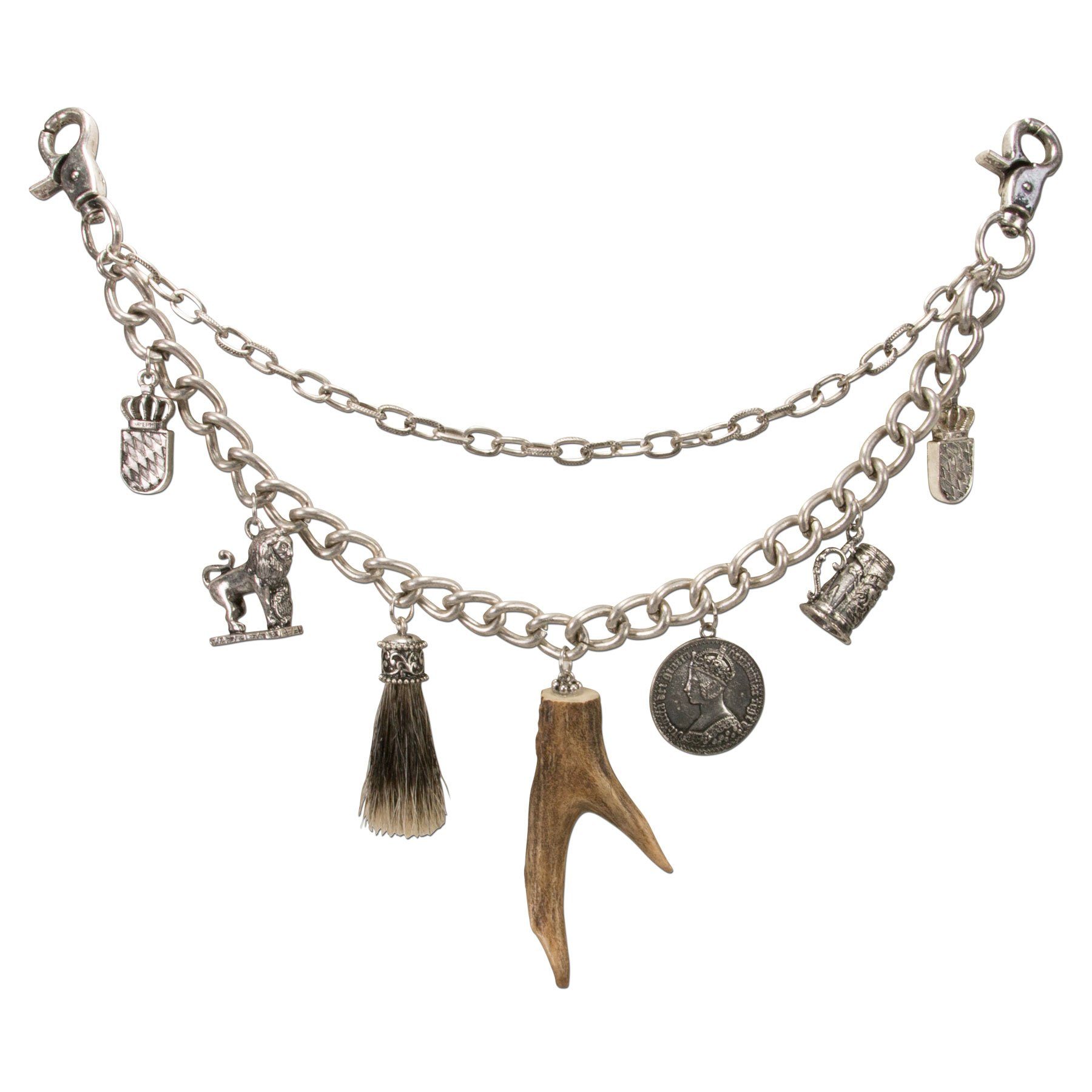 Alpenflüstern Kette mit Anhänger Lederhose, - Xaver die Herren-Trachtenschmuck (antik-silber-farben), Trachten-Charivari Hochwertiger für Hirschhorn echtes mit Trophäen-Anhängern