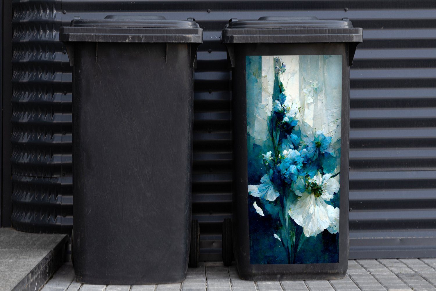Wandsticker Blumen Abfalbehälter Mülleimer-aufkleber, - - Farbe - Blumenstrauß Mülltonne, MuchoWow Blau St), (1 Container, Sticker,
