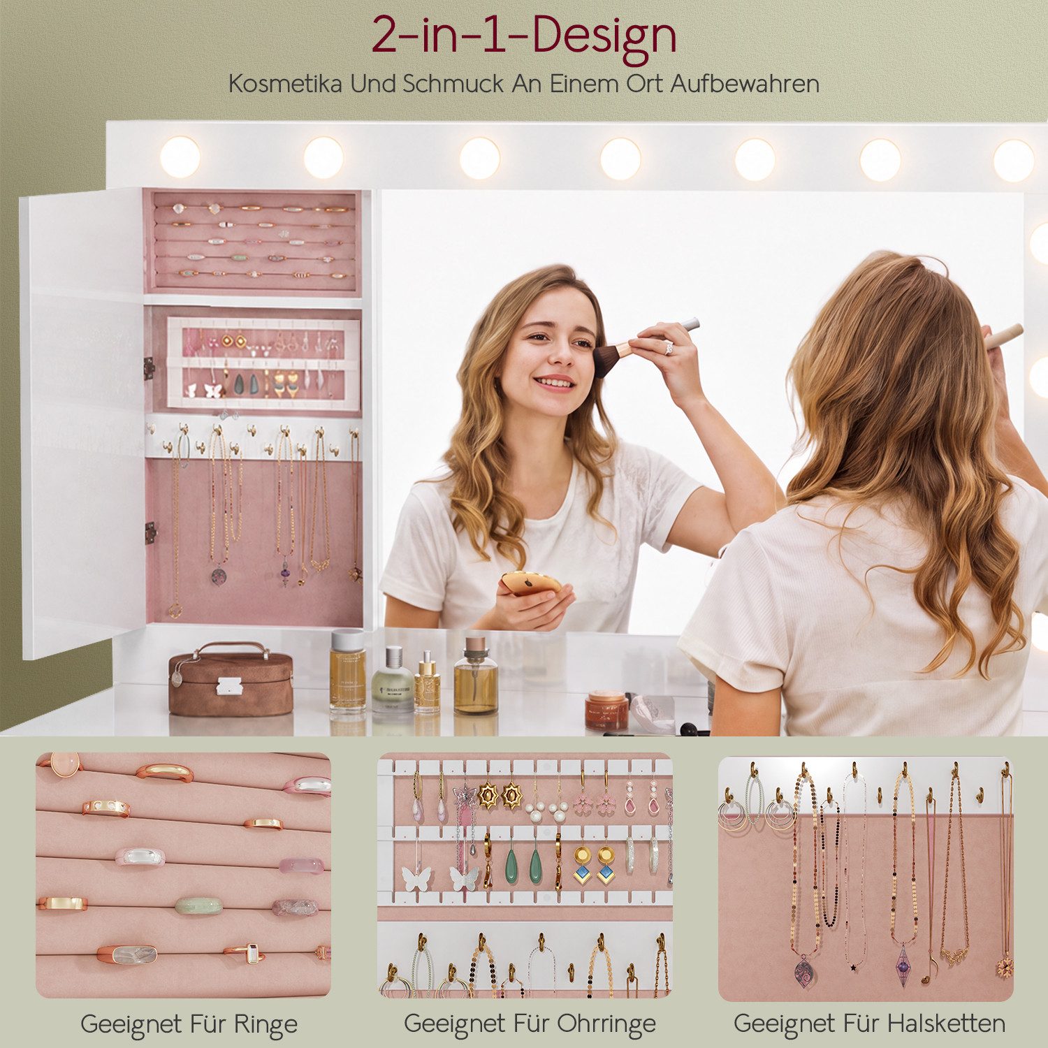 HOMALL Schminktisch mit großem Spiegel, 120 cm, 7 Schubladen, Schmuckschrank (XXL-Spiegel 106×51 cm (30×51 aufklappbar m. Schmuckschrank) · 120 cm · 7 Schublade – Bild 5 von 5