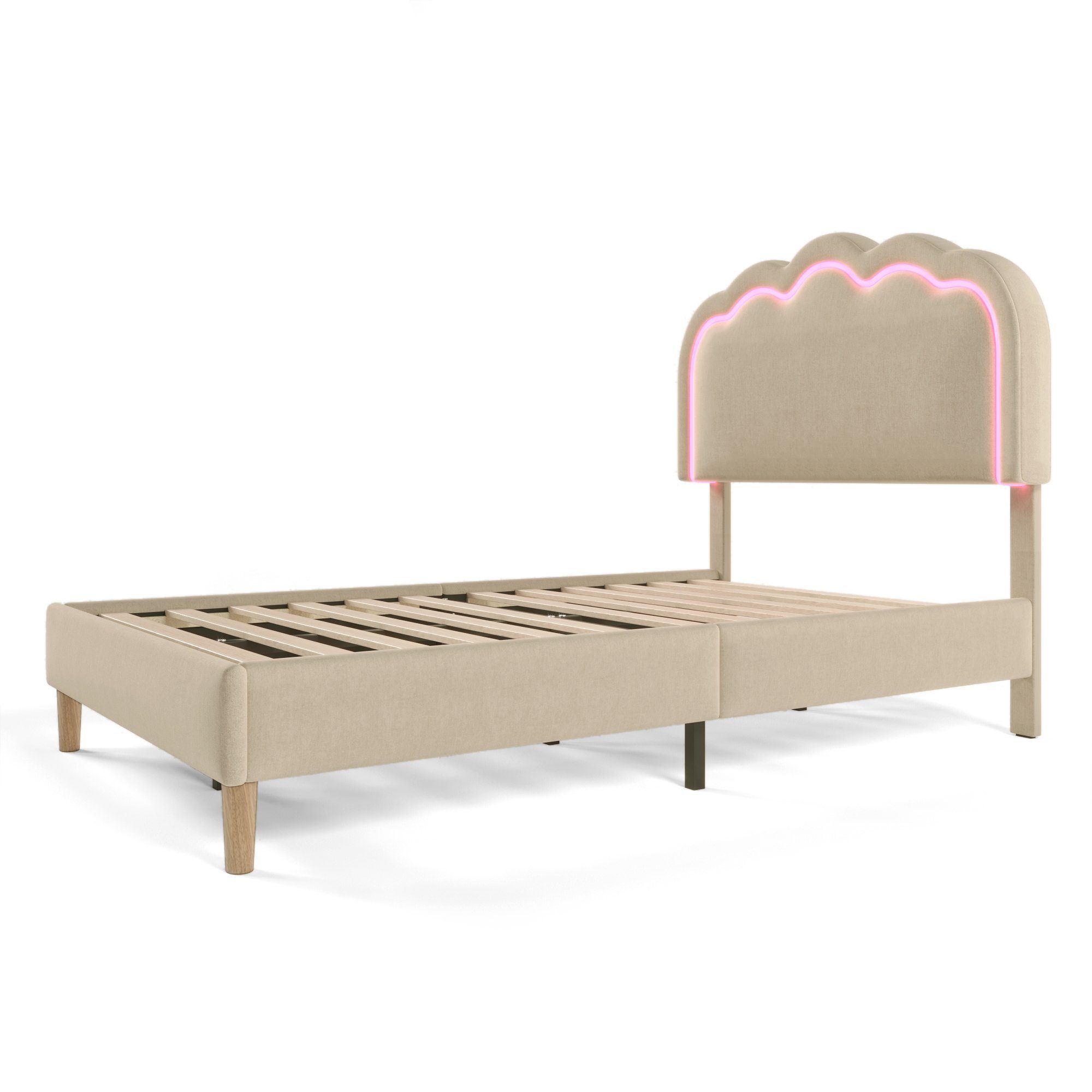 Polsterbett (Einzelbett, LED Jugendbett), mit Lattenrost & Verstellbares Kopfteil in Puff-Form, 90x200cm, Leinen