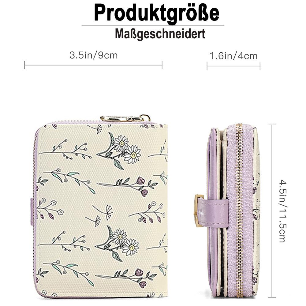 Zaewry Geldbörse Kleine Damen Geldbörse,modisch, niedlicher Margeriten-Aufdruck, Leder, Bifold, kompakt, RFID-geschützt, mit Reißverschlusstasche