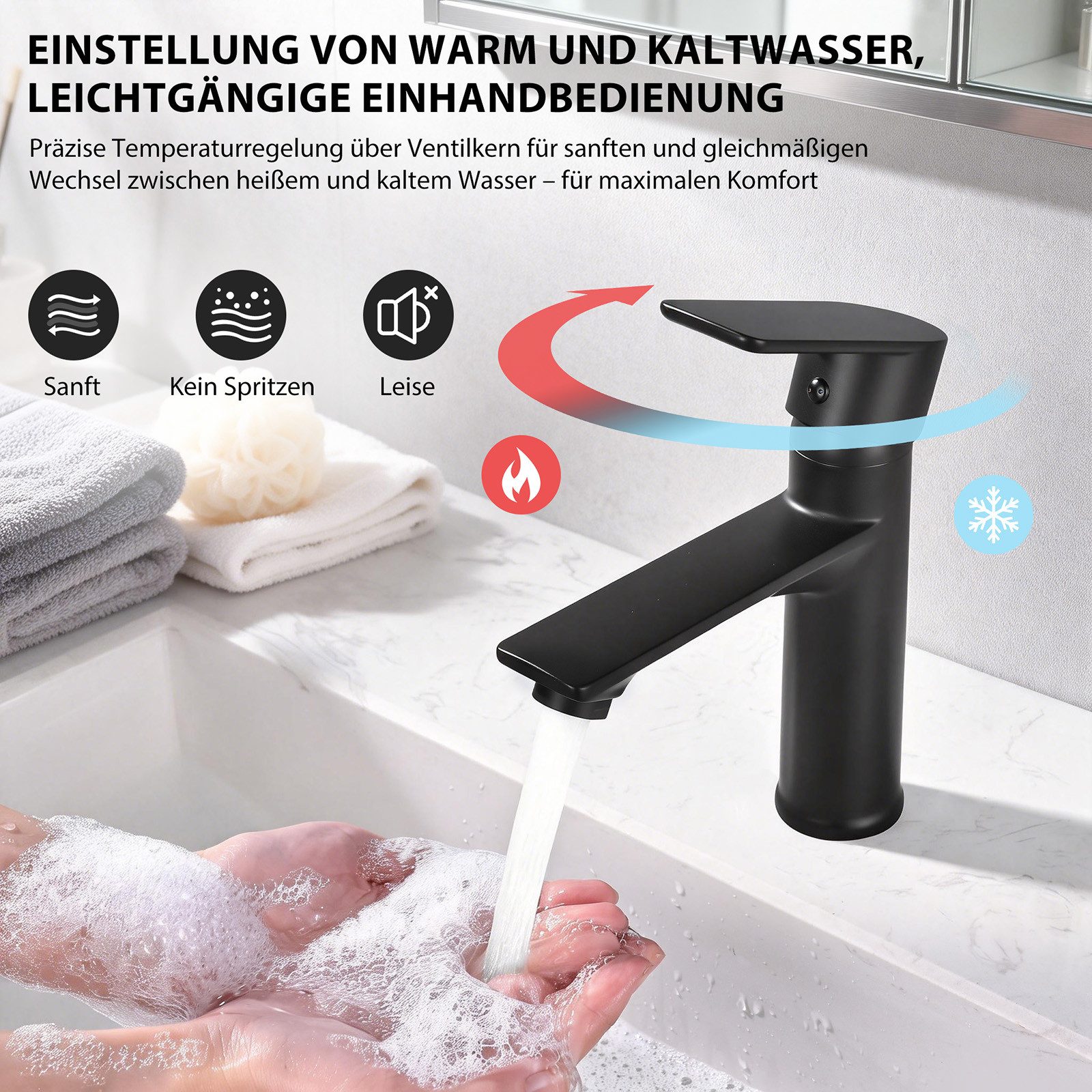 HOMELODY Waschtischarmatur Badezimmer Einhebelmischer Mischbatterien (Waschtischarmatur Mischbatterie, 1-St) Bad Armatur Badezimmer Waschbeckenarmatur Einhebelmischer,Schwarz