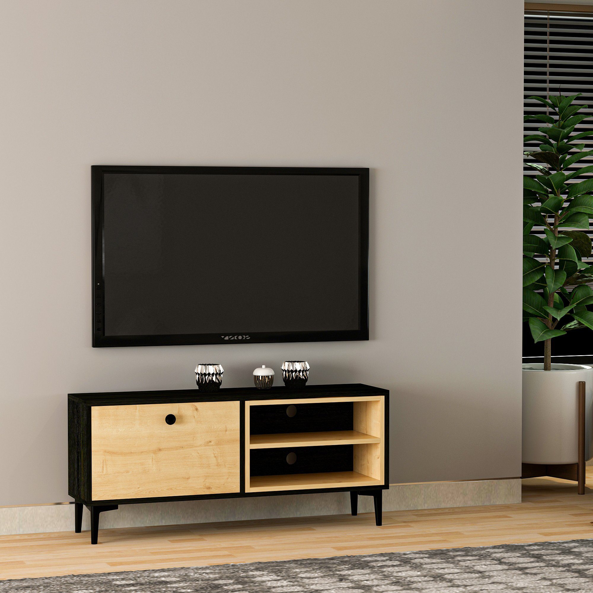 moebel17 TV-Regal TV Lowboard Alto Safir Schwarz Holzoptik 9642, Pflegeleichte Oberfläche