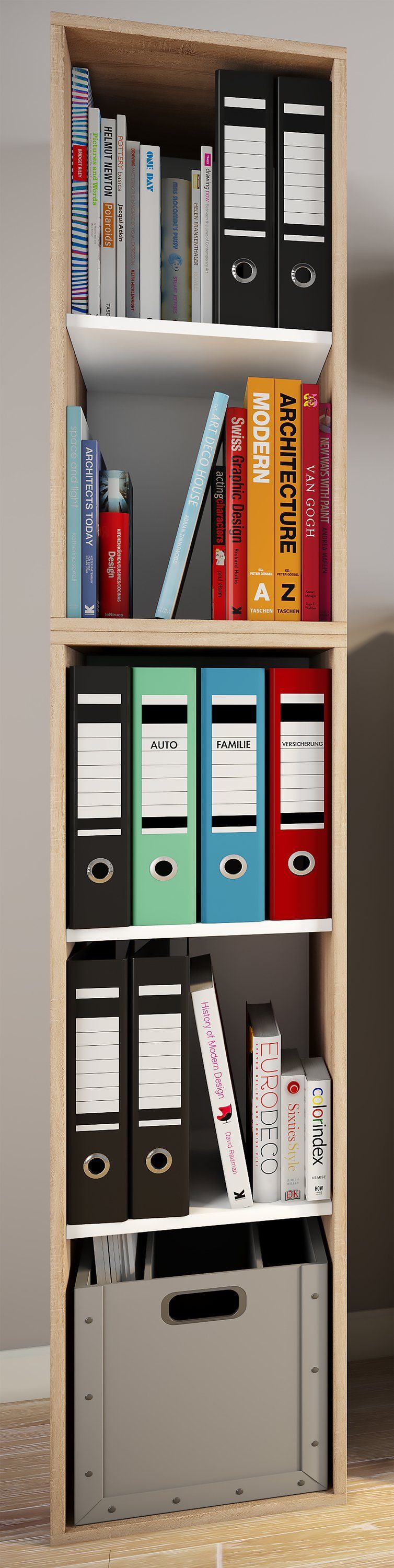 VCM Standregal Bücherregal Lona H. 183 x B. 35 x T. 37 cm, Holzregal stehend, platzsparender Aktenschrank, CD DVD Aufbewahrung
