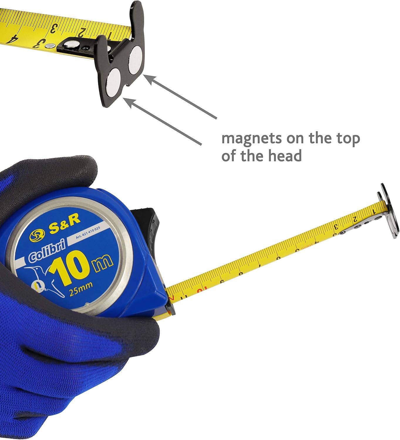 S&R Maßband 10 m x 25mm mit Magnet-Haken, kompakt, Nylon-beschichtetes Massband, schlagfestes Gehäuse, Feststeller, Metermaß mit Gürtelclip