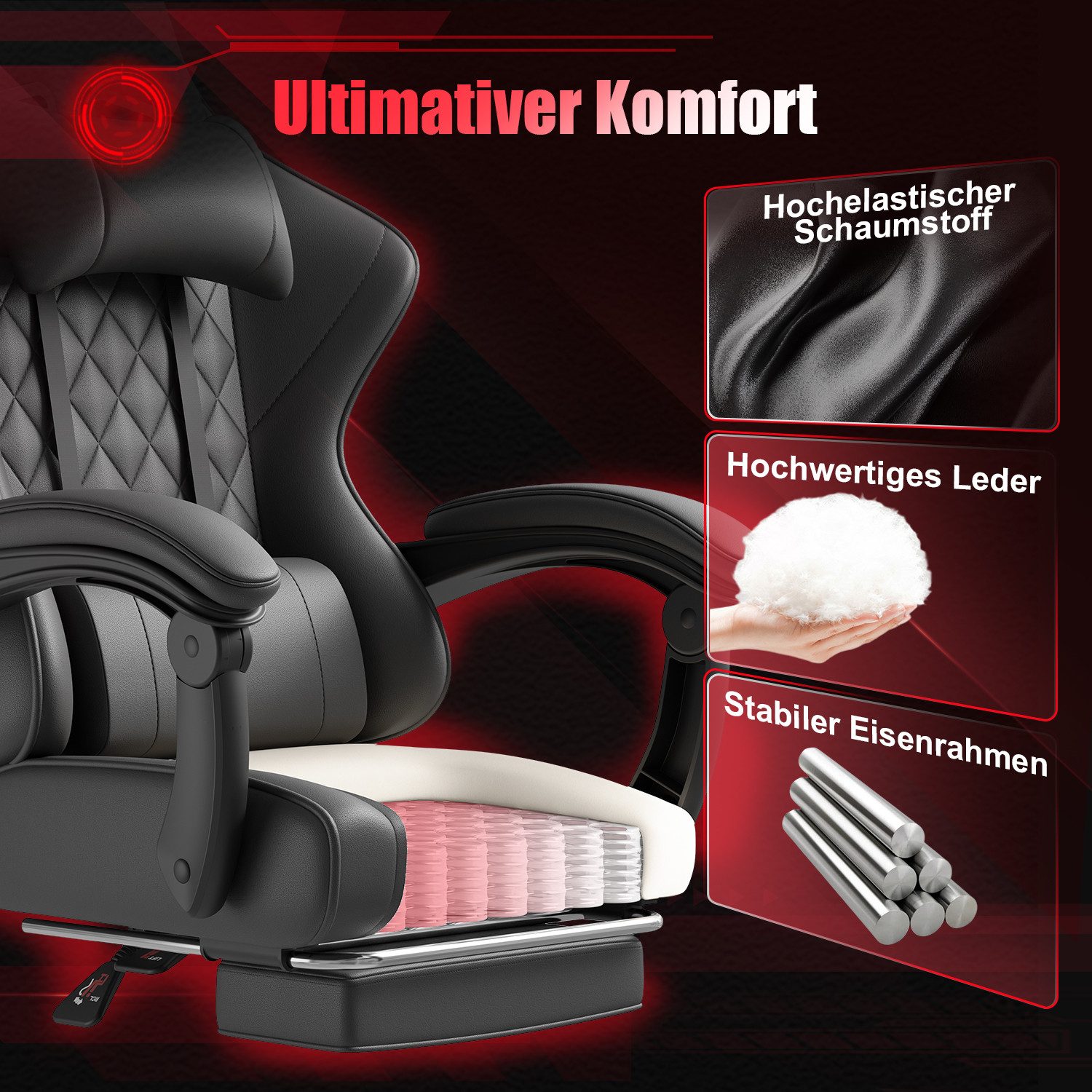 HOMALL Gaming-Stuhl Massage-Spielstuhl, Bürostuhl mit Fußstütze, ergonomisch gestaltet (90-135° verstellbare Rückenlehne, Belastbarkeit 150 kg, verstellbares Lendenkissen, Kopfstütze)