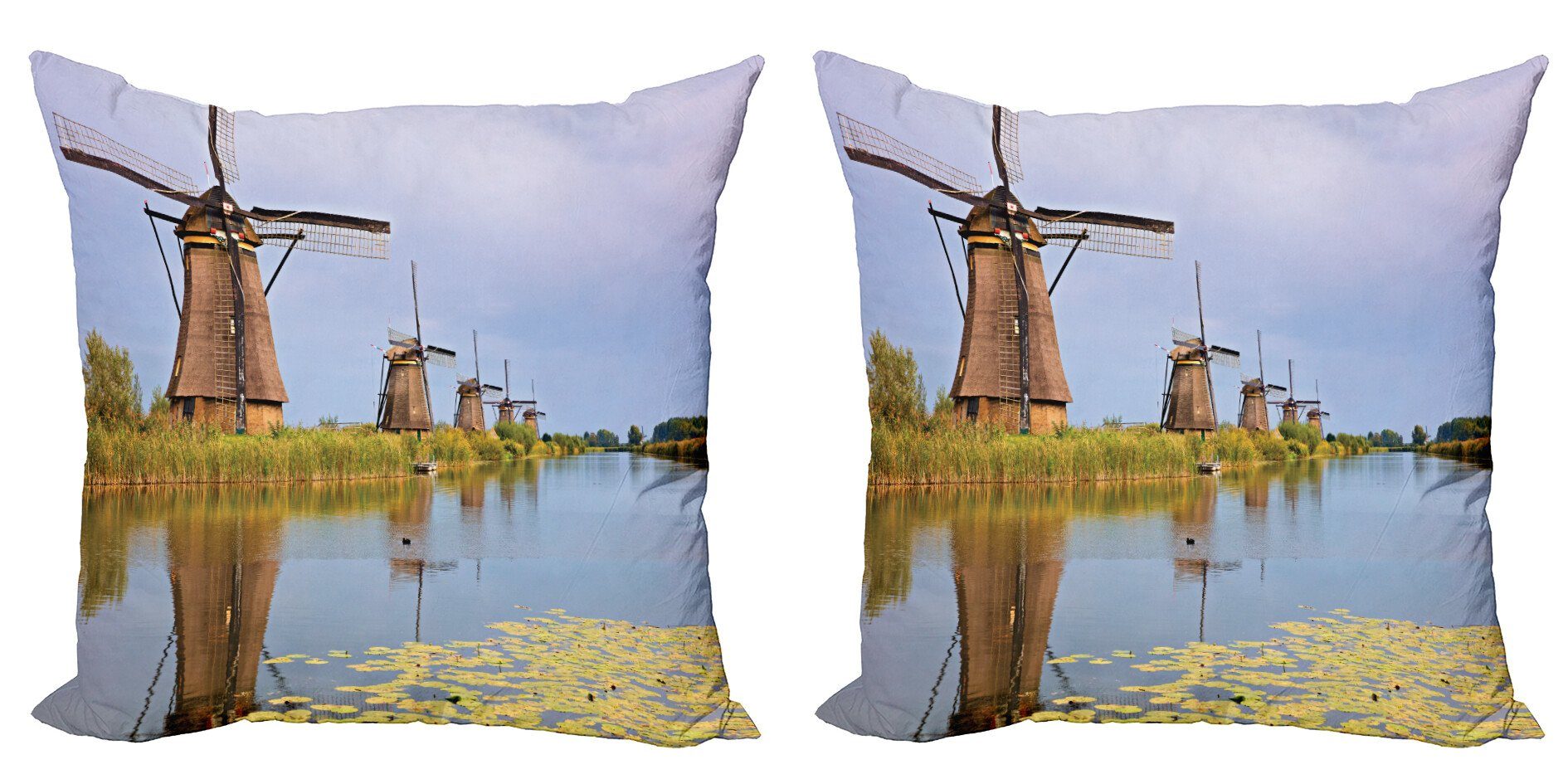 Niederländisch Modern Accent von Windmühle Abakuhaus Digitaldruck, Kinderdijk (2 Art Kissenbezüge Stück), Doppelseitiger