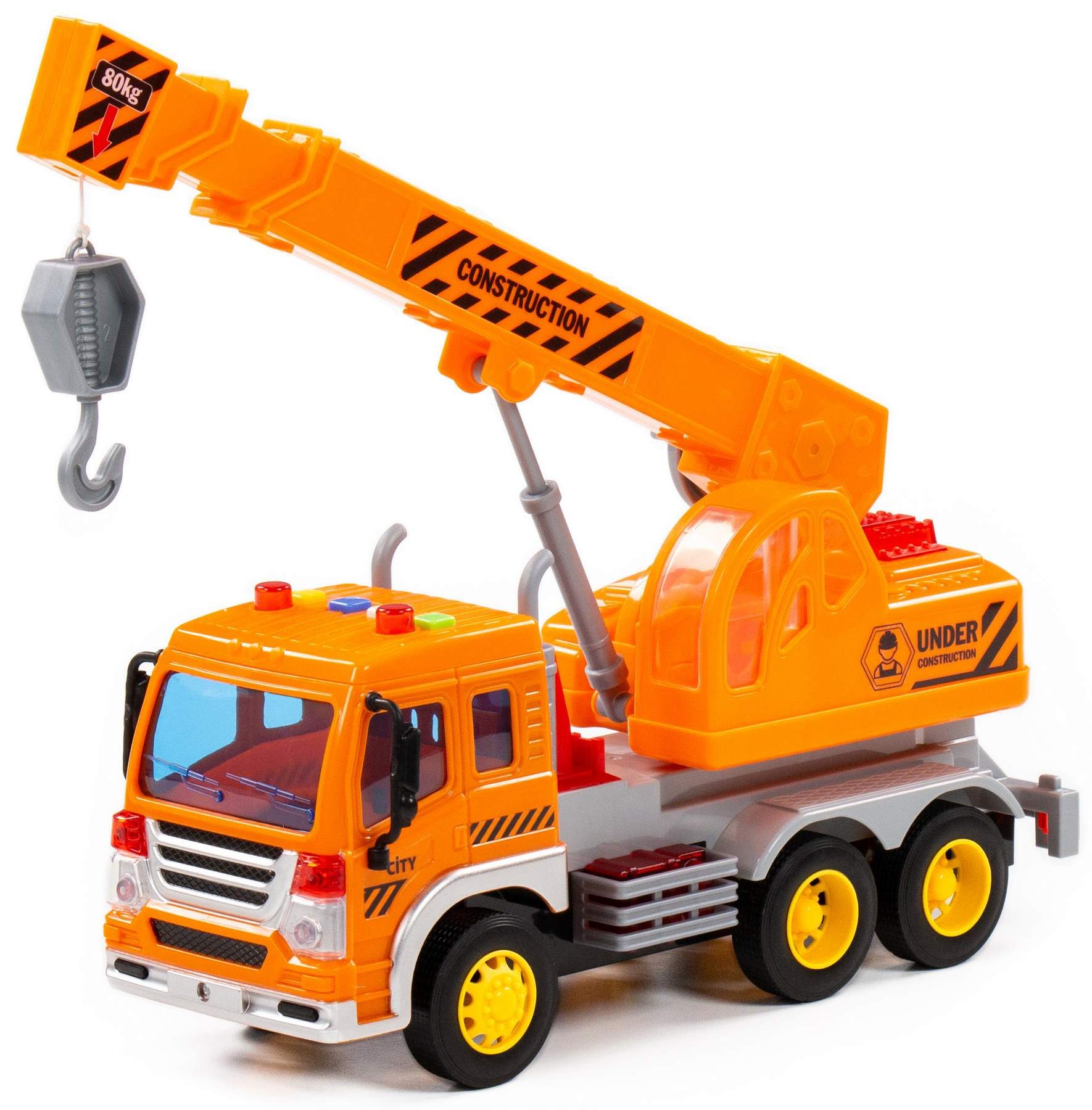 Polesie Spielzeug-Kran Kranwagen LKW CITY orange Schwungrad Licht Sound