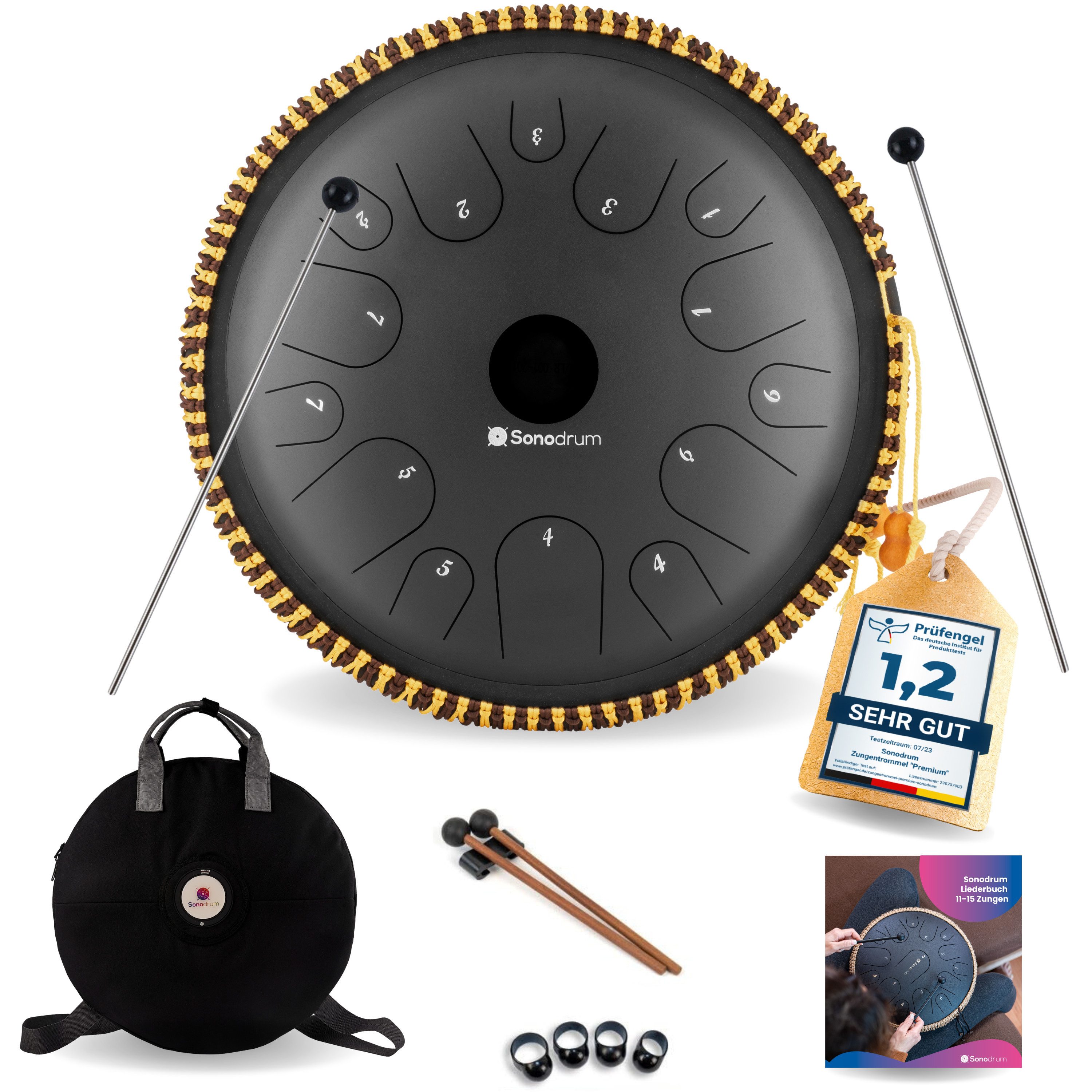 Sonodrum Steel Tongue Drum "Exclusive", C-Dur, 38 cm, 14 Zungen inkl. Liederbuch und Tragetasche