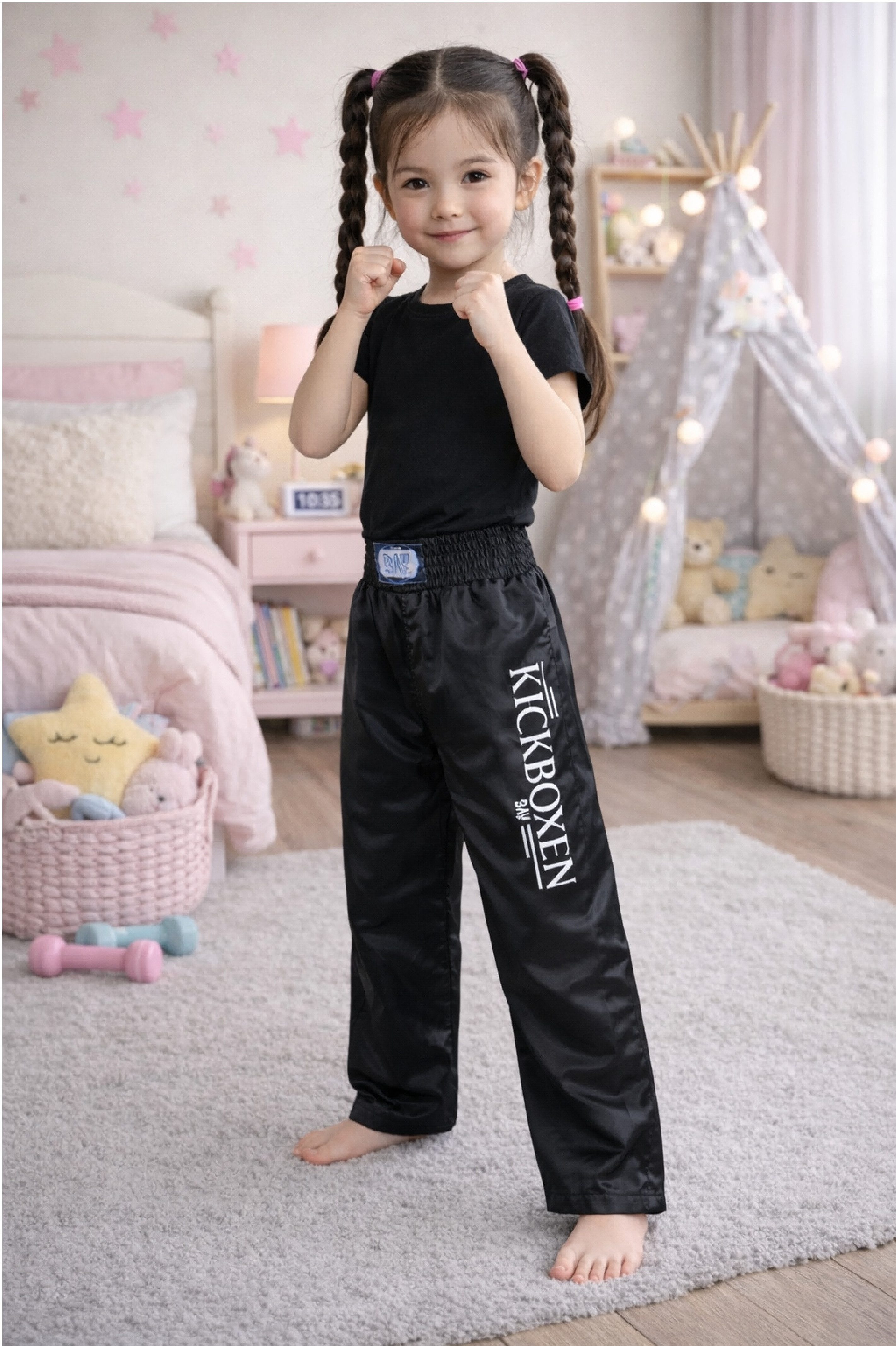 BAY-Sports Sporthose Kickboxhose EDEL STICK Hose lang Kickboxen Kampfsport lange, leichte, locker sitzende Trainingshose, Schwarz