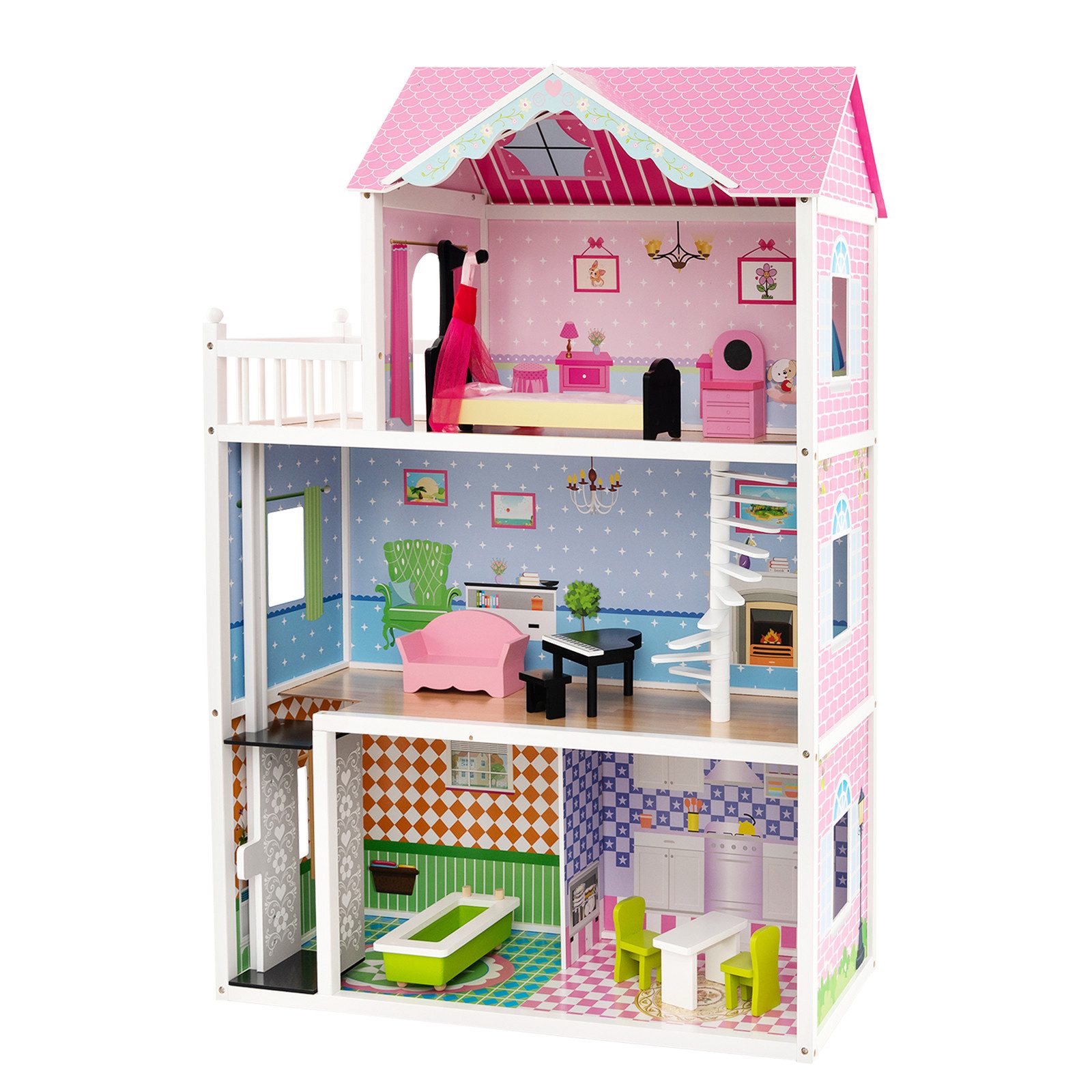 COSTWAY Puppenhaus, 3 Etagen Puppenstube mit 5 Zimmer günstig online kaufen