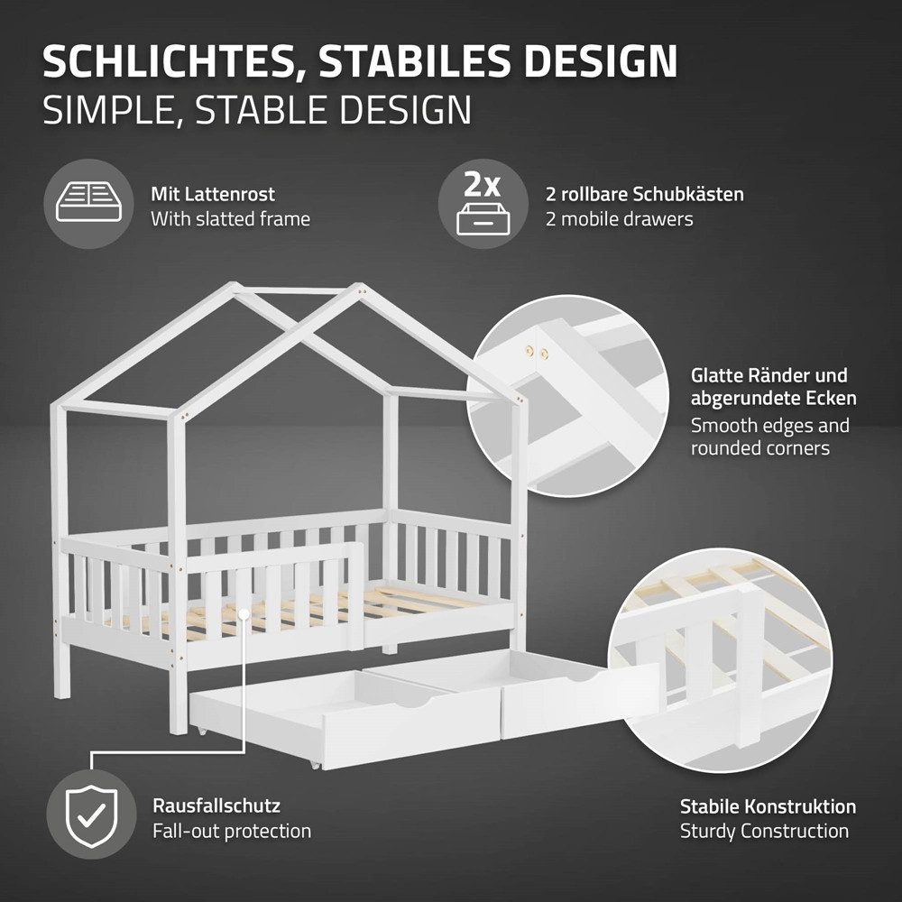 ML-DESIGN Spielbett Hausbett Kinderbett inkl. 2 Schubladen, Lattenrost und Rausfallschutz, Abenteuerbett 70x140cm Haus Bett Himmelbett Kiefer Jugendbett Weiß – Bild 3 von 5