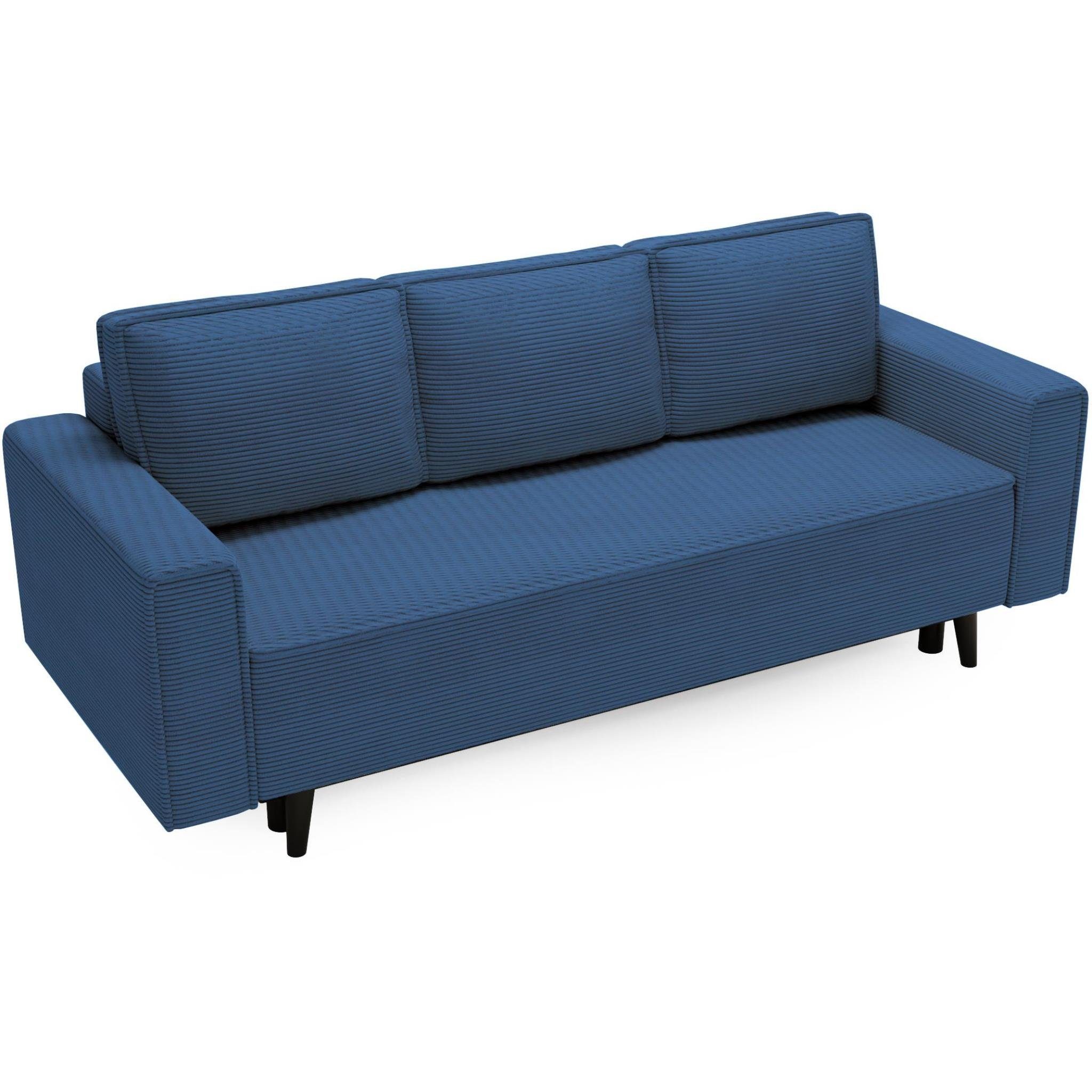 mit Beautysofa Cord-Bezug, Schlafsofa Sessel und mit (poso Monte, 05) aus Wellenunterfederung, Blau Holzbeine Polstergarnitur schwarze Hocker), (Polsterset Bettkasten,