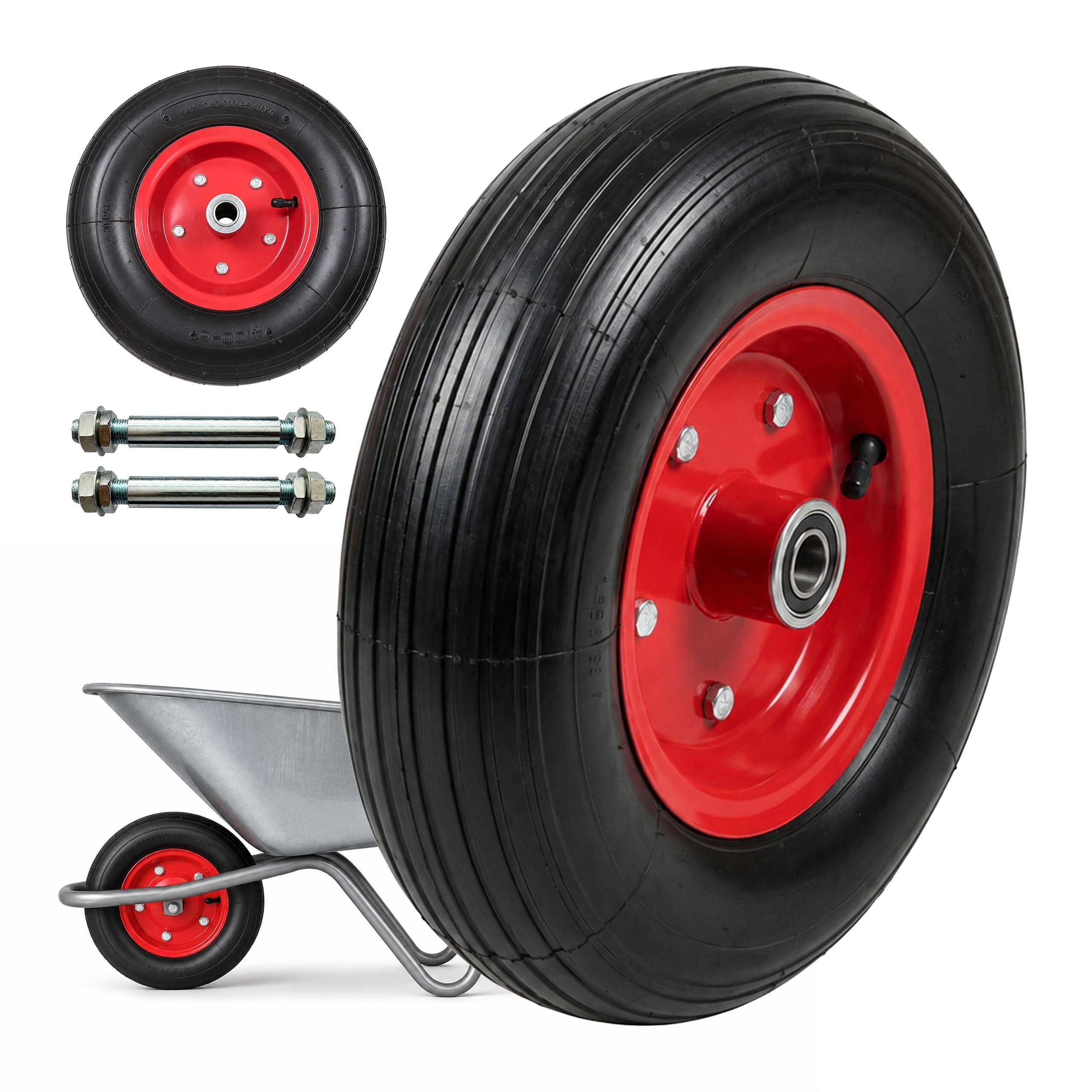 relaxdays Schubkarren-Rad 2er Set Sackkarrenrad 4.00-6 Vollgummi, Schwarz-Rot