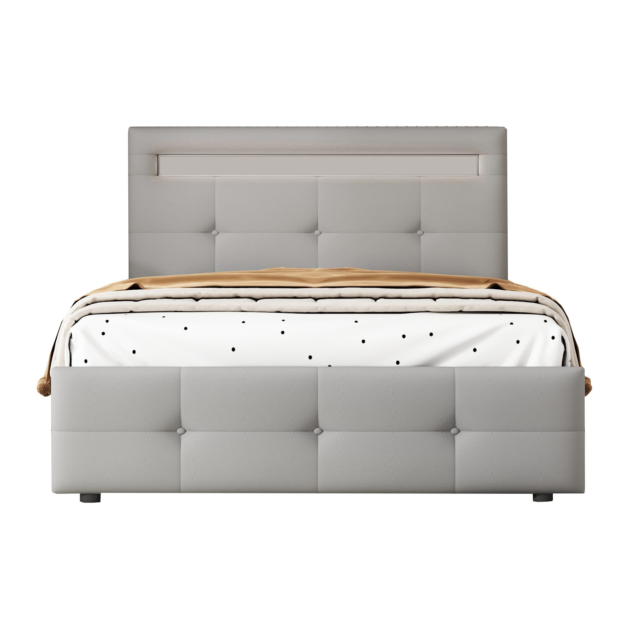 Merax Polsterbett mit 2 Schubladen und LED-Beleuchtung, Einzelbett 90x200 cm gepolstert mit Lattenrost, Jugendbettt, Kinderbett