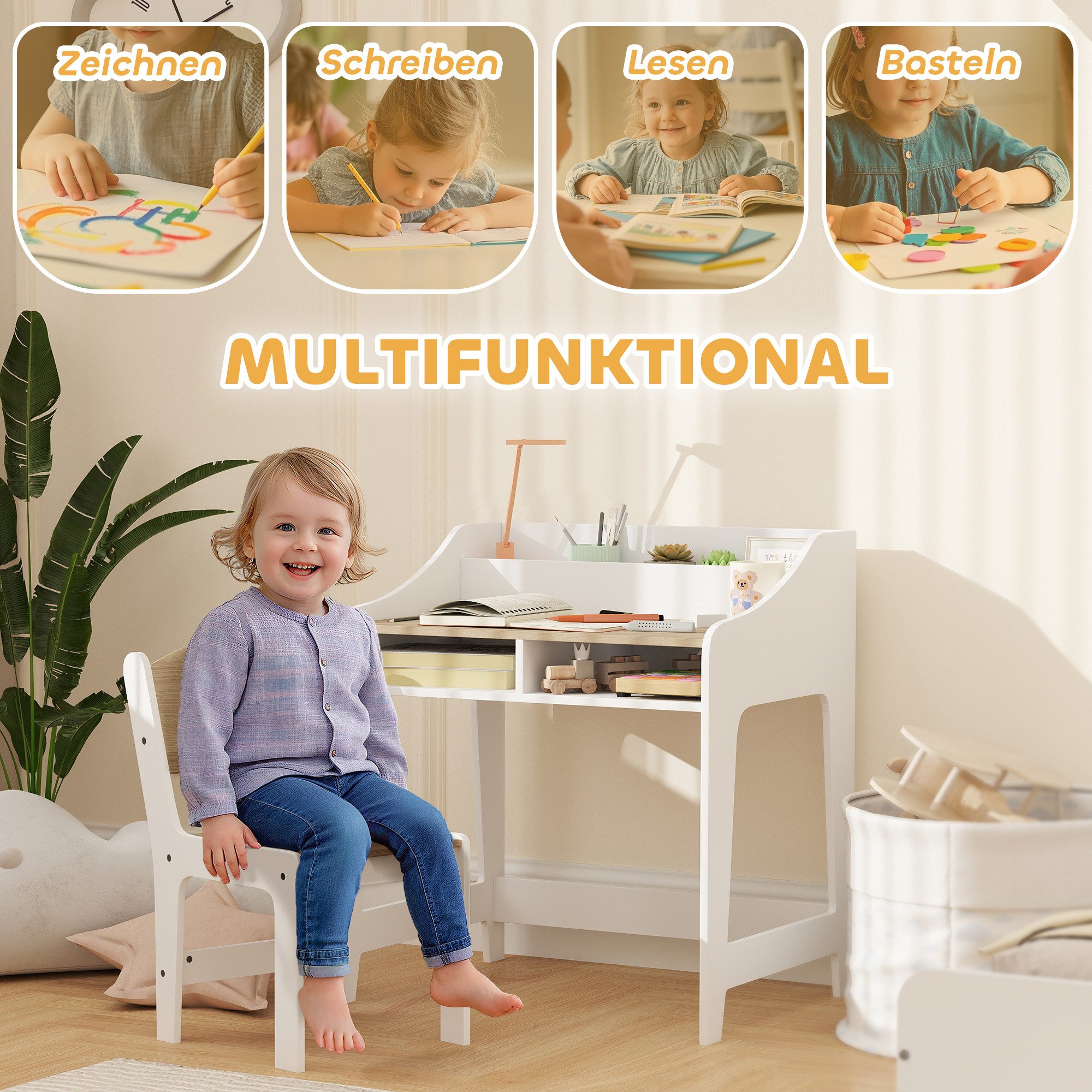 AIYAPLAY Kindertisch Kinderschreibtisch mit Tisch-Set, mit 5 Fächern, Natur (Schülerschreibtisch, 2-St., Kinder Schreibtisch und Stuhl), für Kinderzimmer, Natur – Bild 5 von 5