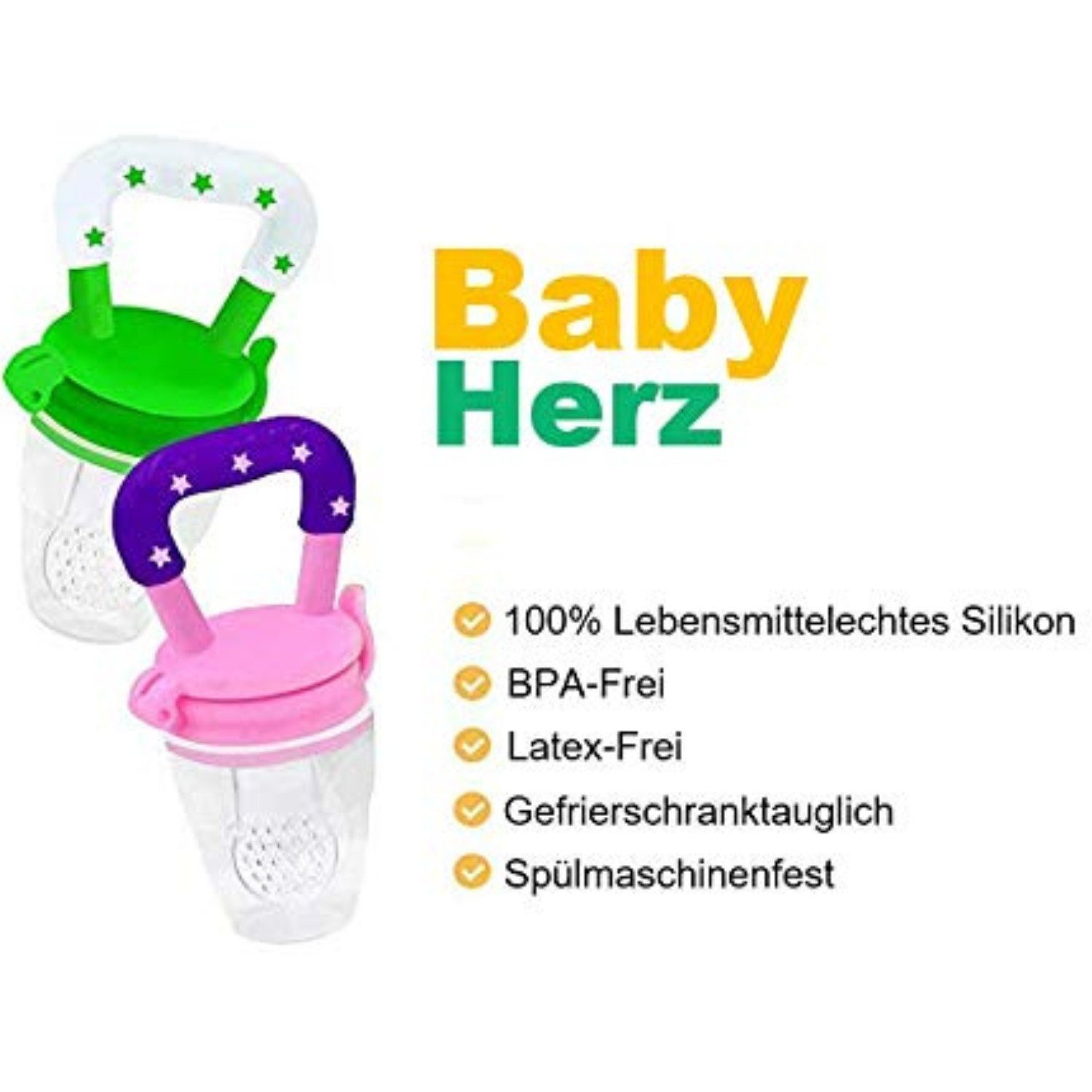 BabyHerz Schnuller Fruchtsauger Set (2er Pack) – Baby Beißring & Schnuller – BPA-frei, BPA-frei & doppelt praktisch – 2 Fruchtsauger + Silikonaufsätze