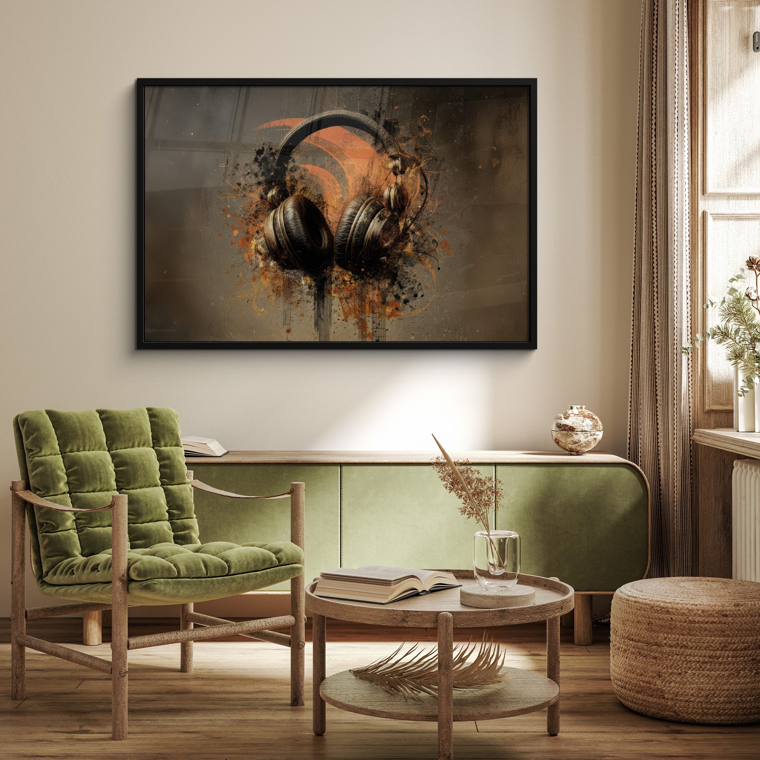 MuchoWow Poster Kopfhörer - Braun - Farbe - Vintage, (1 St), Bilderrahmen, Dekoration für die Wand Wohnzimmer, 120x80 cm