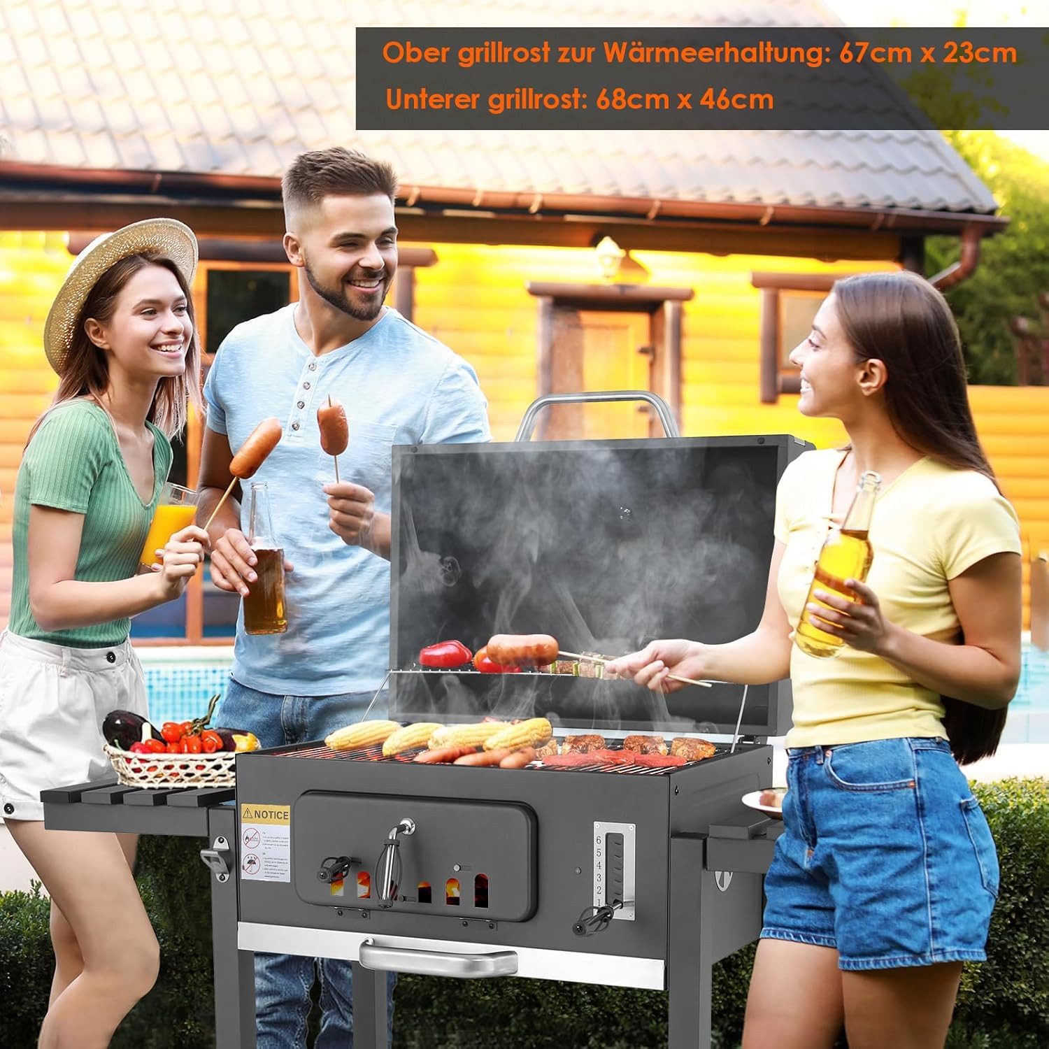 TLGREEN Holzkohlegrill Standgrill 152x136x60 cm, BBQ Grillwagen Holzkohle, Kohlegrill Groß mit Deckel, Rädern, Thermometer und Schornstein, Grillwagen xxl, BBQ Grill mit Deckel & Rädern, Smoker für Camping