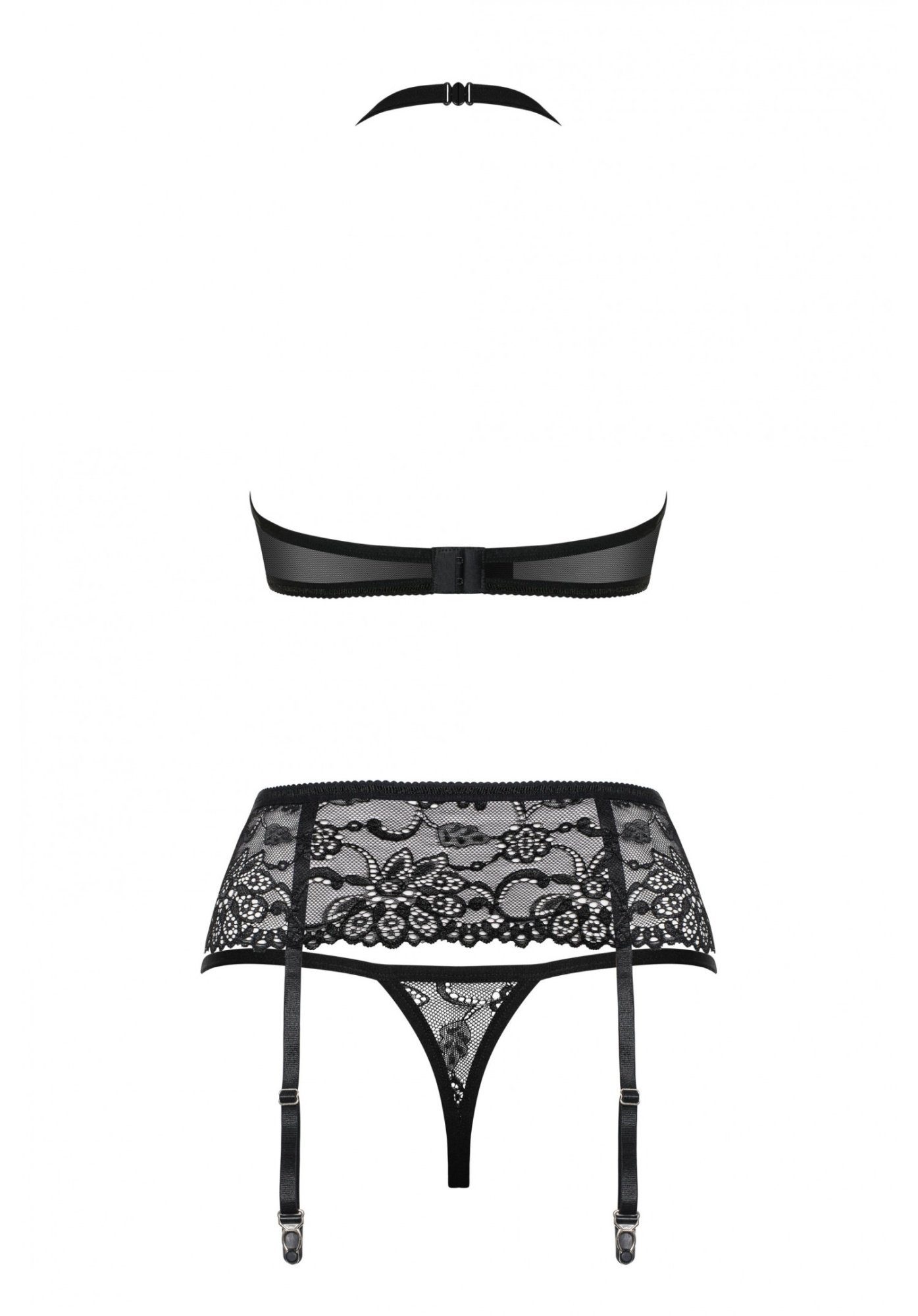 Obsessive Set: Bügelloser BH Dessous-Set mit Strumpfhalter-Gürtel und Tanga Spitze - schwarz (3-tlg) transparente Spitze