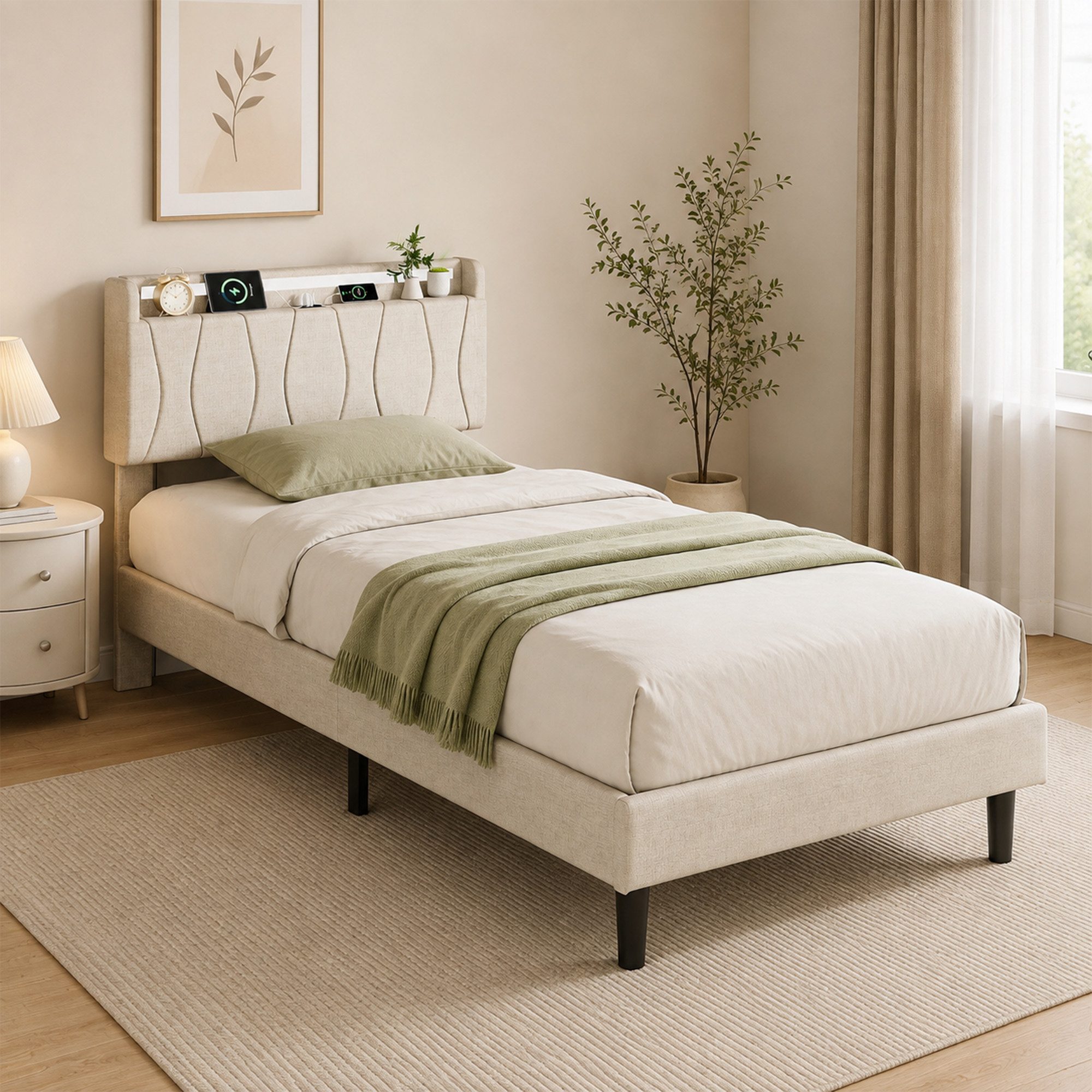 Simurq Einzelbett Einzelbett 90x200 cm mit LED-Kopfteil, Jugendbett, Gästebett (modernes Bettgestell mit Ladestation), Polsterbett aus Leinenstoff mit USB- und Type-C-Anschluss