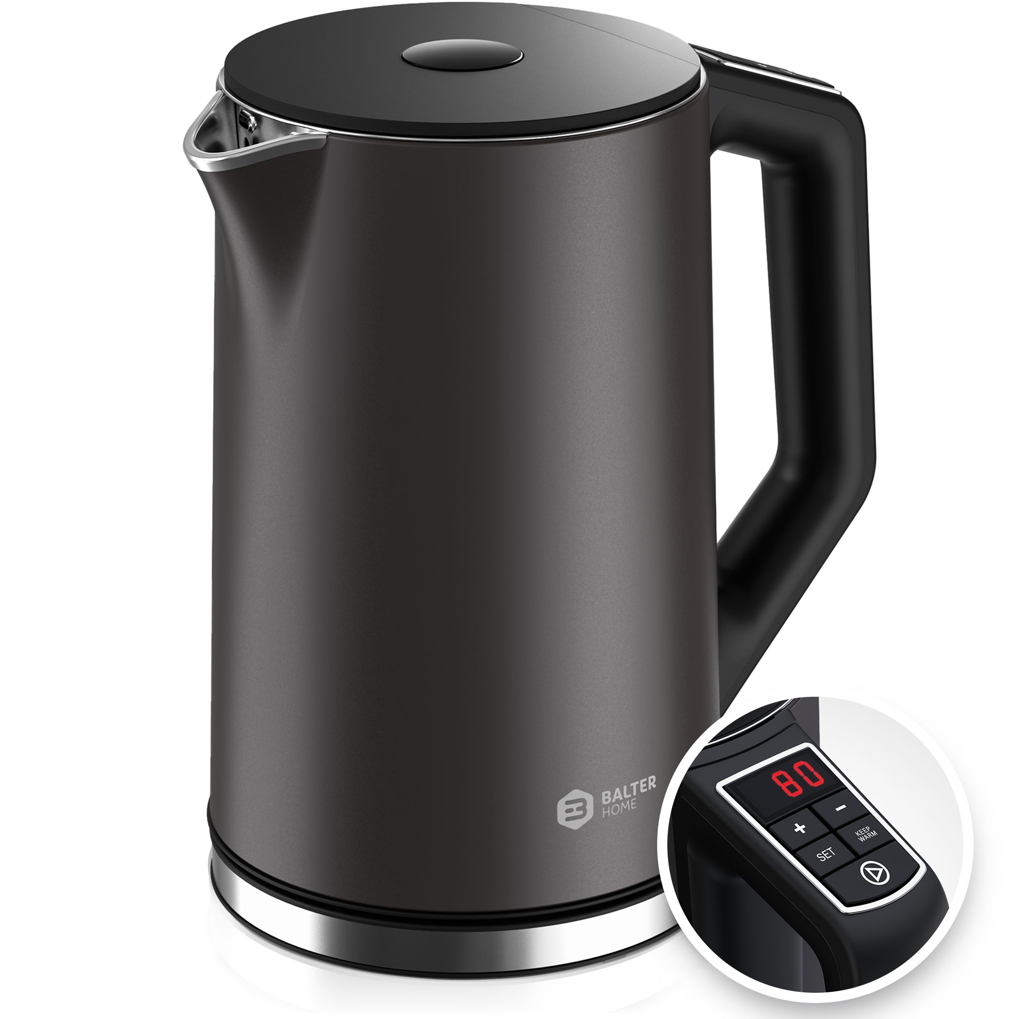 Balter Wasserkocher WK-12-GR, 1.5 l, 2200 W, mit Temperatureinstellung, 40-100°C, Doppelwandig, Edelstahl