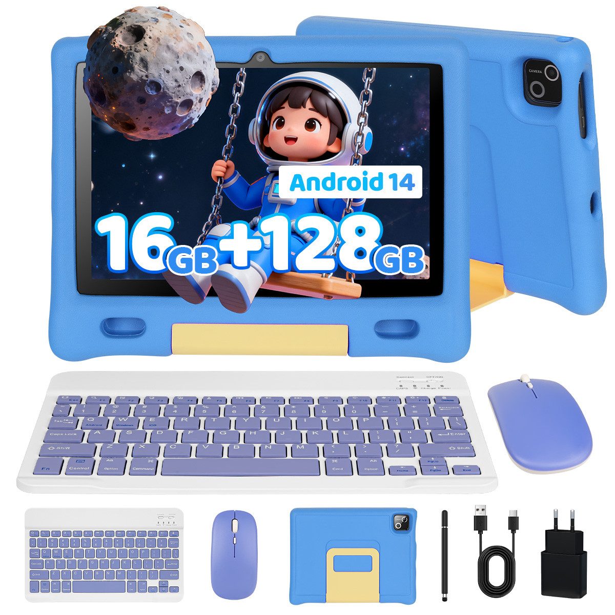 BUFO 10 Zoll 3GB RAM, 128GB, 1280x800 HD Display, Wi-FI 6, 5000mAh, Kinder Tablet (10", 128 GB, Android 15, 5G WiFi, mit Tastatur/Maus/Stift, Octa Core, Kindersicherung)