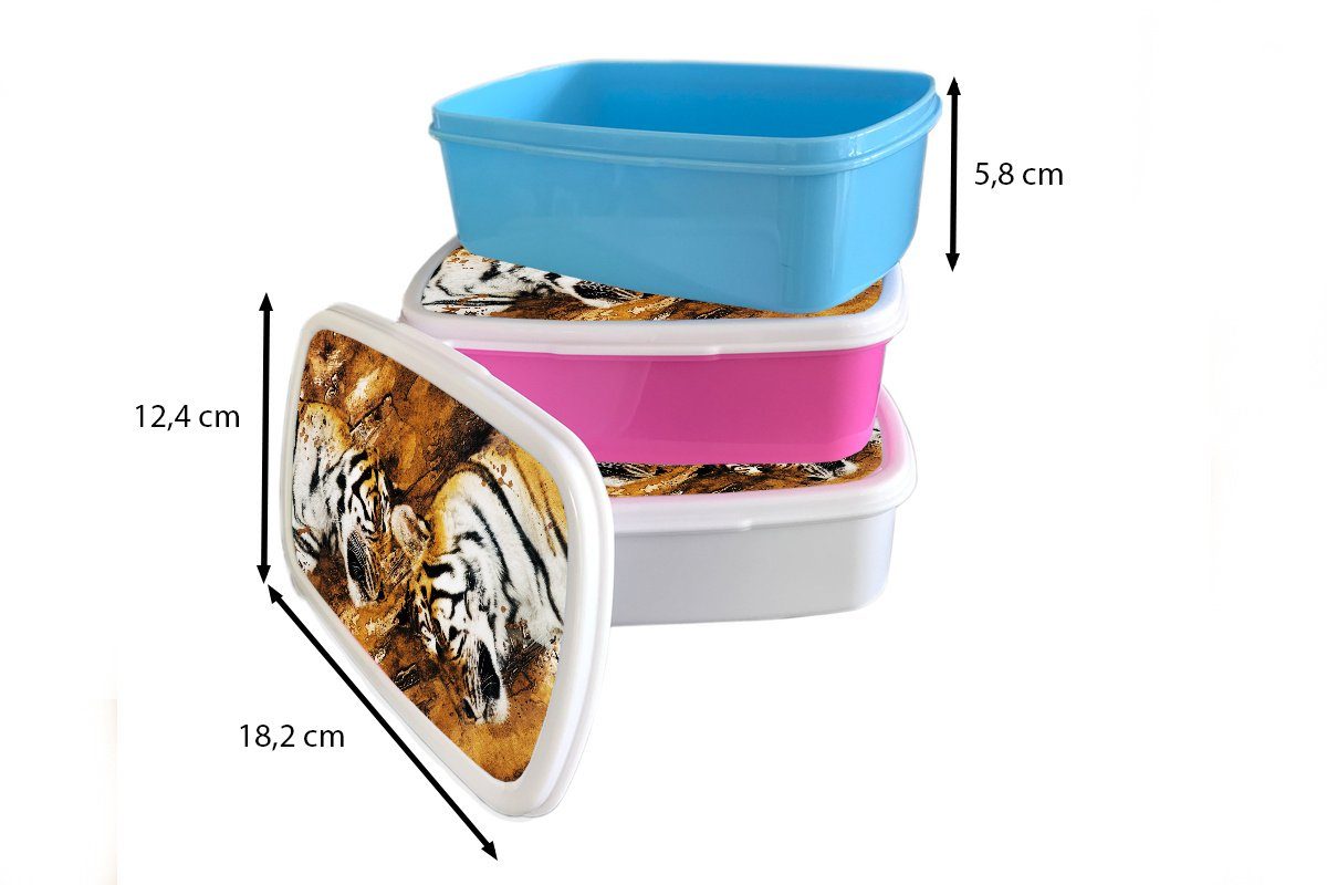 MuchoWow Lunchbox Tiger Brotdose Natur, Mädchen, Snackbox, Erwachsene, (2-tlg), - für Kunststoff, rosa Brotbox Kinder, - Baum Kunststoff