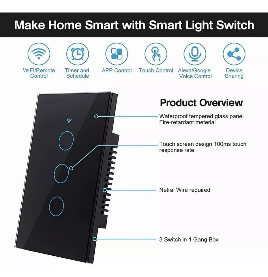 Thumbnail - ZEUOPQ Lichtschalter Lichtschalter Smarter Touch Lichtschalter Touch Wandschalter schwarz (umweltfreundliches ABS-Materi...