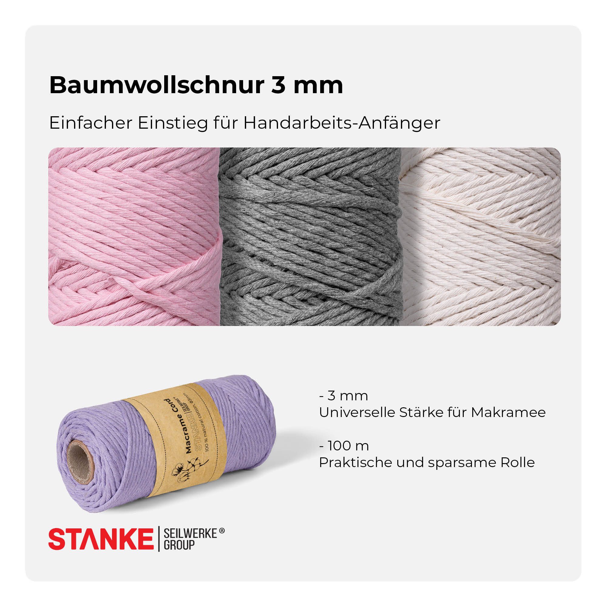 STANKE Makramee Garn 3mm 100 m Farbe Hellblau - Baumwollgarn für Boho Bastelgarn, 100 m (100m Rolle, 1-St., 100m Rolle), DIY, Körbchen, Traumfänger für Untersetzer, Taschen 100% Baumwolle