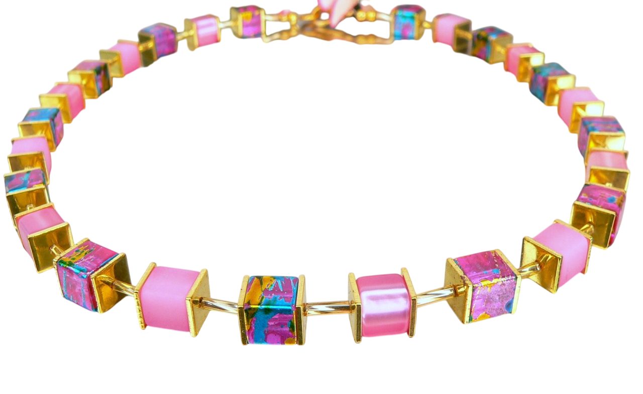 Kette ohne Anhänger 401k Halskette Würfelkette Glas Polaris glänzend rosa pink türkis