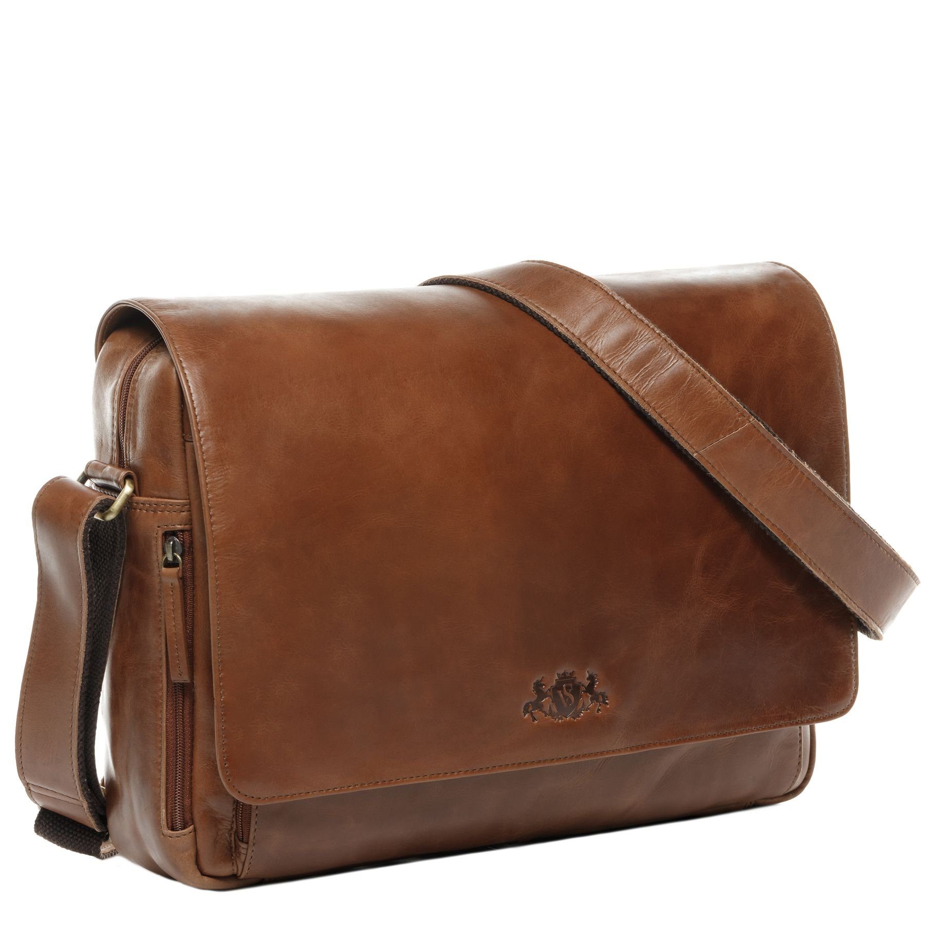 SID & VAIN Messenger Bag echt Leder Aktentasche 15 Zoll Laptop Fach braun, Laptoptasche 15,4 Zoll echt Leder Herren, Umhängetasche hellbraun