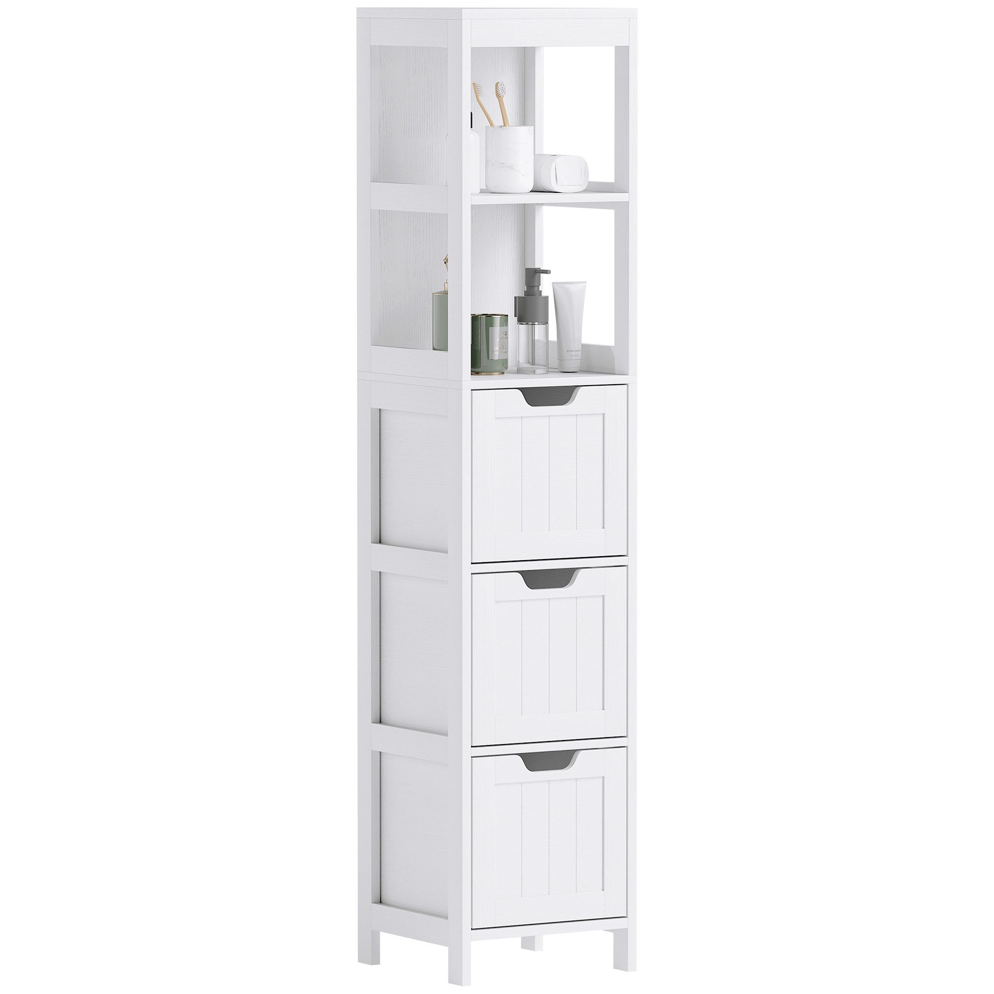 HOMCOM Badkommode Badezimmerschrank Hochschrank mit 3 Schubladen, 2 offenen Fächern (Hochschrank mit 3 Schubladen, 2 offenen Fächern, 1 St., Aufbewahrungsschran – Bild 2 von 5