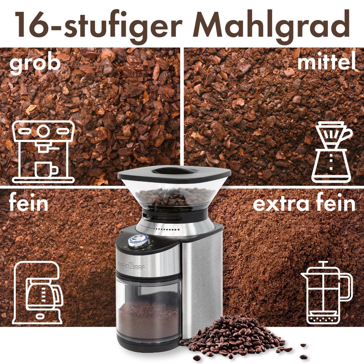 ProfiCook Kaffeemühle PC-EKM 1205, Kaffeemühle elektrisch mit Edelstahl-Kegelmahlwerk