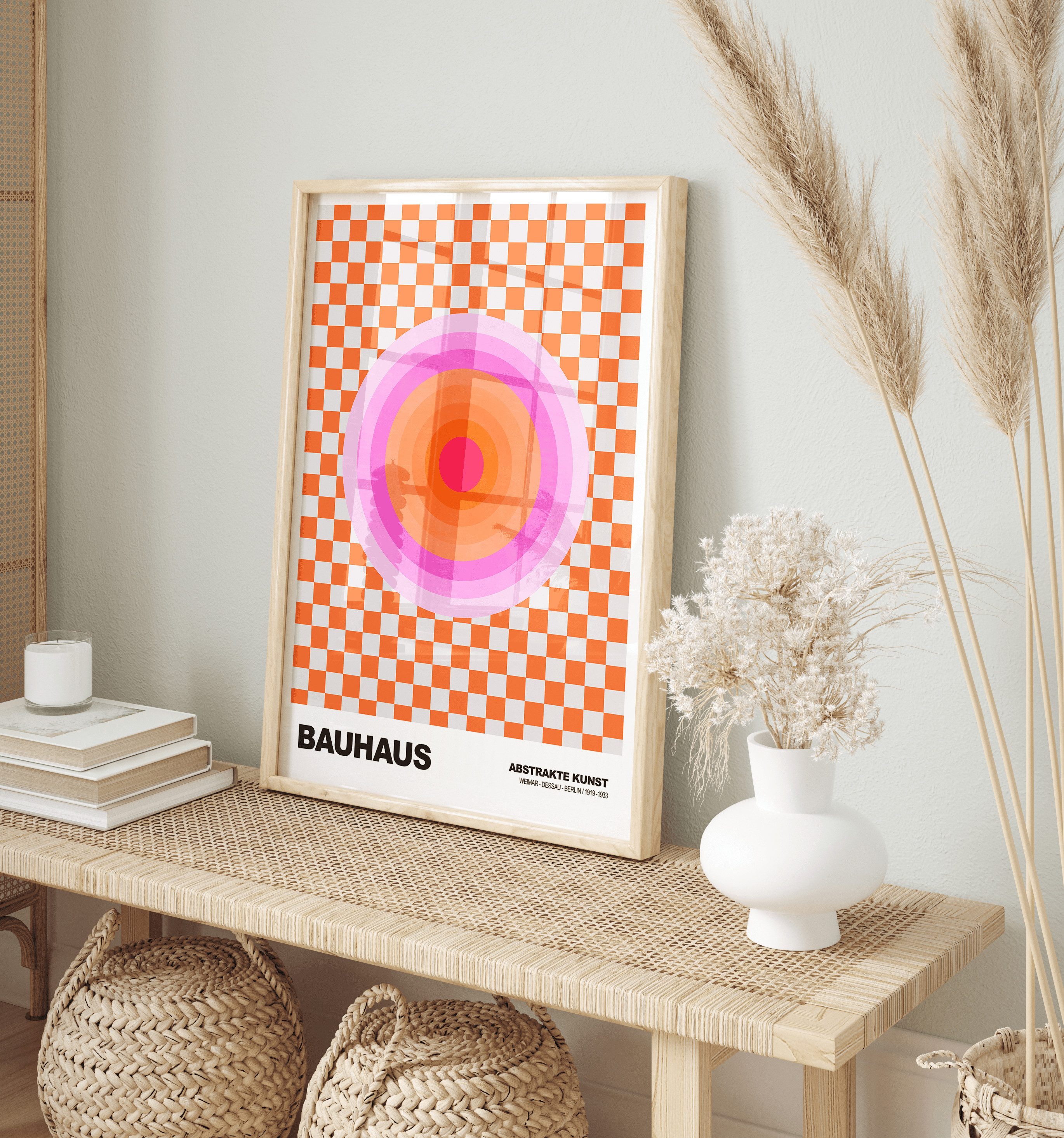 JUSTGOODMOOD Poster Bauhaus Abstrakte Kunst Pink Orange Kreis auf Schachbrett Muster Moder, (1 St) – Bild 3 von 5